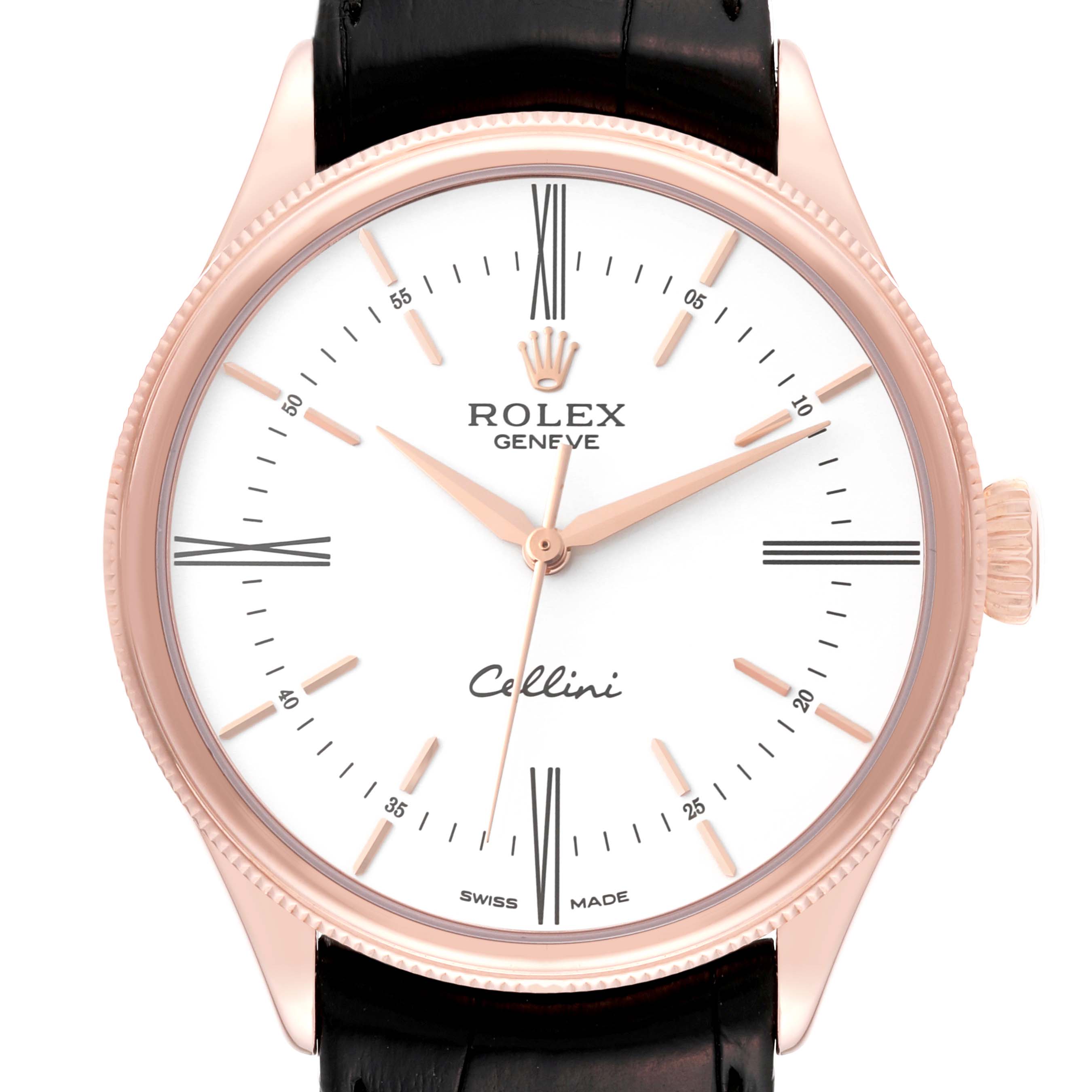 The Rolex Cellini 50505 Men's Rose Gold White Dial 50505 Men's Rose Gold White Dial watch is shown from the front, displaying its dial, hands, crown, and part of the leather strap.