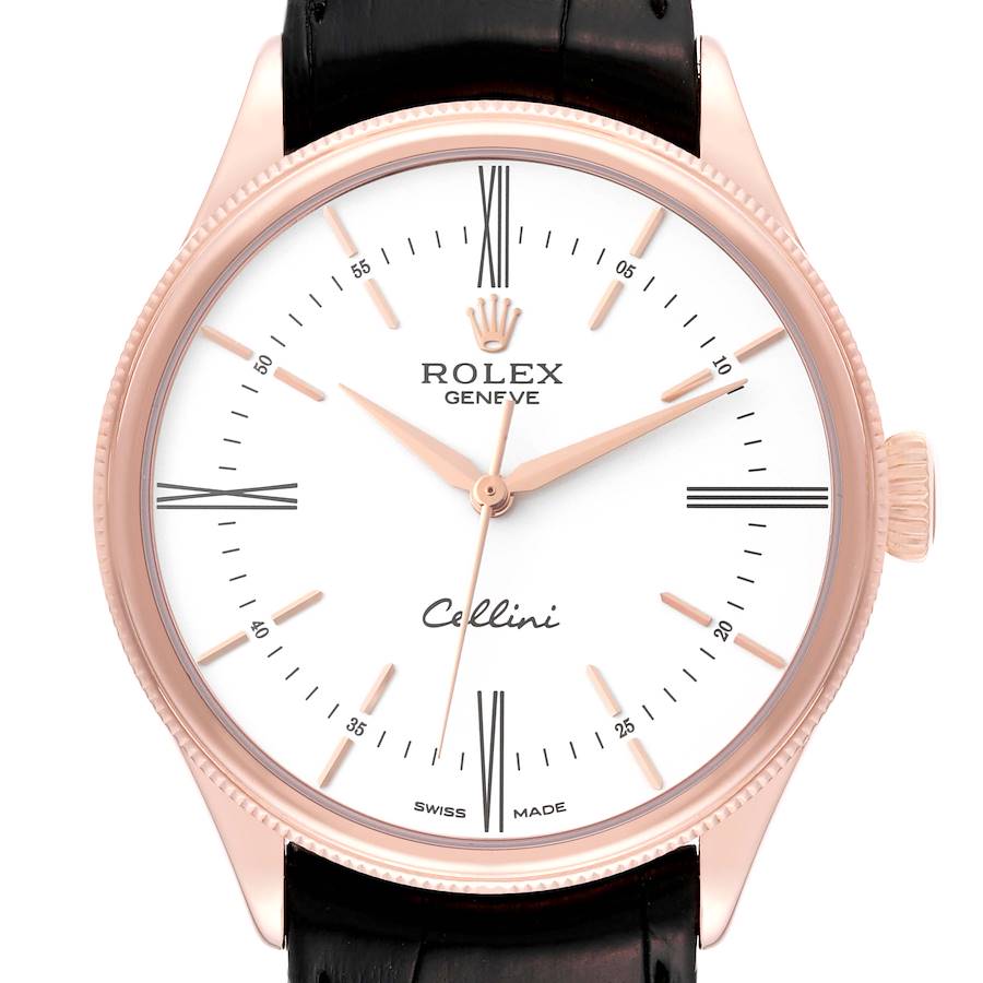 The Rolex Cellini watch is shown from the front, displaying its dial, hands, crown, and part of the leather strap.