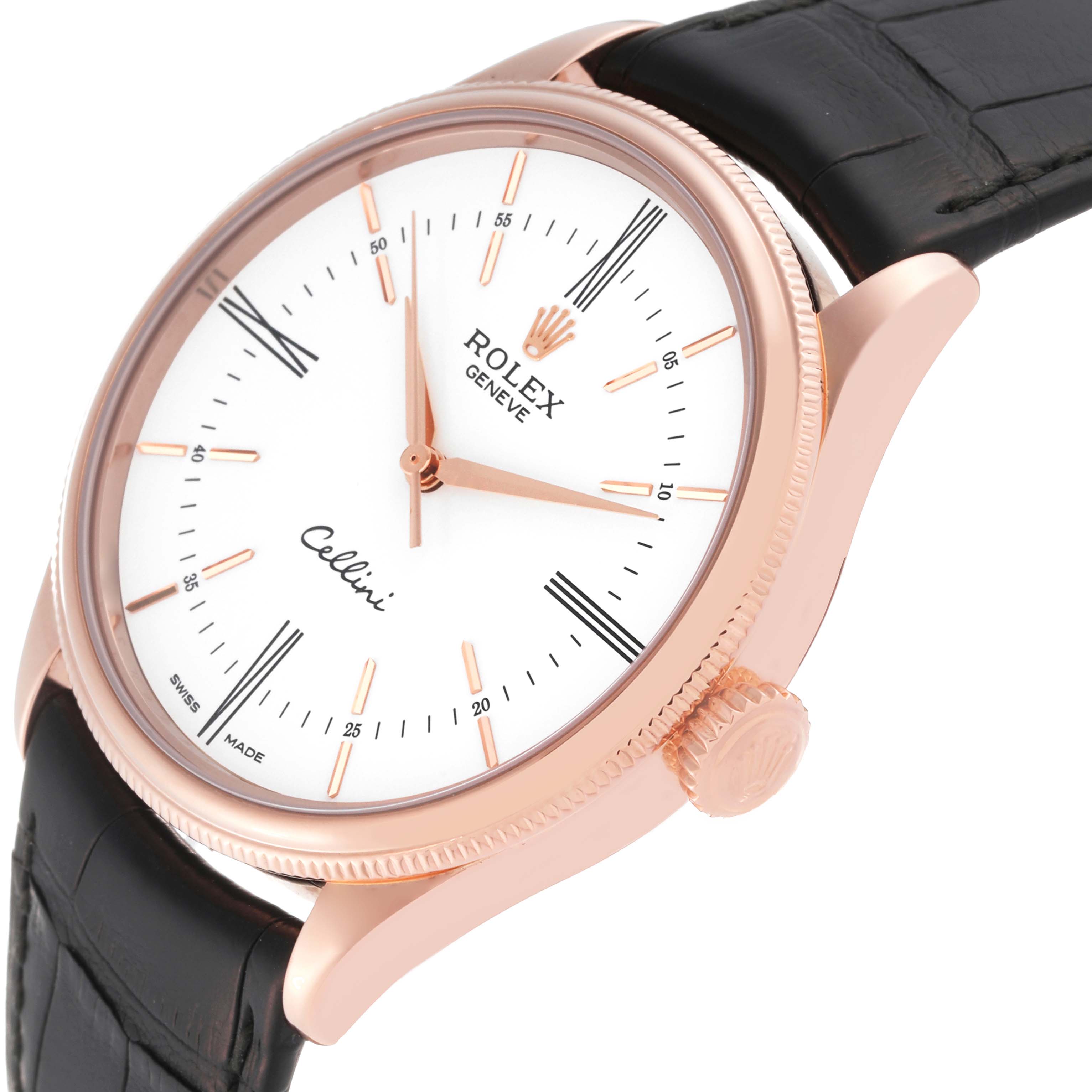 This image shows a close-up angled front and side view of the Rolex Cellini 50505 Men's Rose Gold White Dial 50505 Men's Rose Gold White Dial watch, highlighting the dial, bezel, and crown.