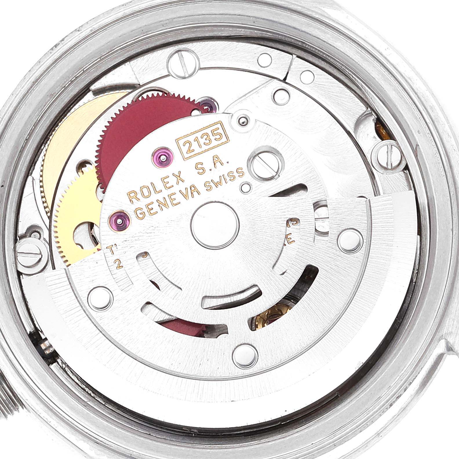 This image shows the internal mechanism of the Rolex Date 69160 Women
s Stainless Steel Blue Dial 69160 Women
s Stainless Steel Blue Dial model, displaying the movement parts and the "Rolex S.A. Geneva Swiss" inscription.