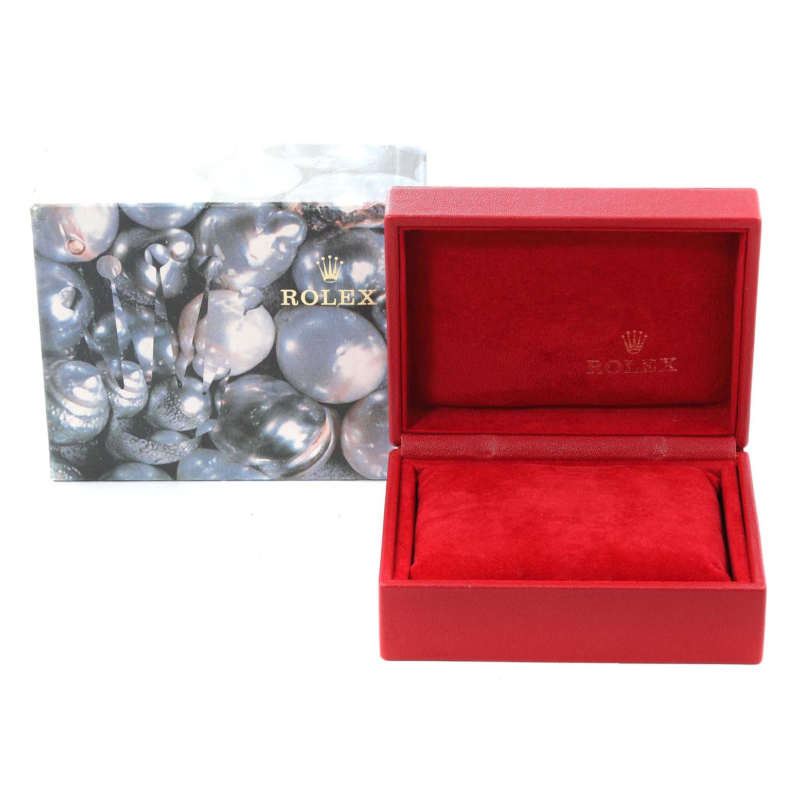 The image shows a red Rolex Date 69160 Women
s Stainless Steel Blue Dial 69160 Women
s Stainless Steel Blue Dial model watch box and an accompanying decorative outer box with a pearl-like design.