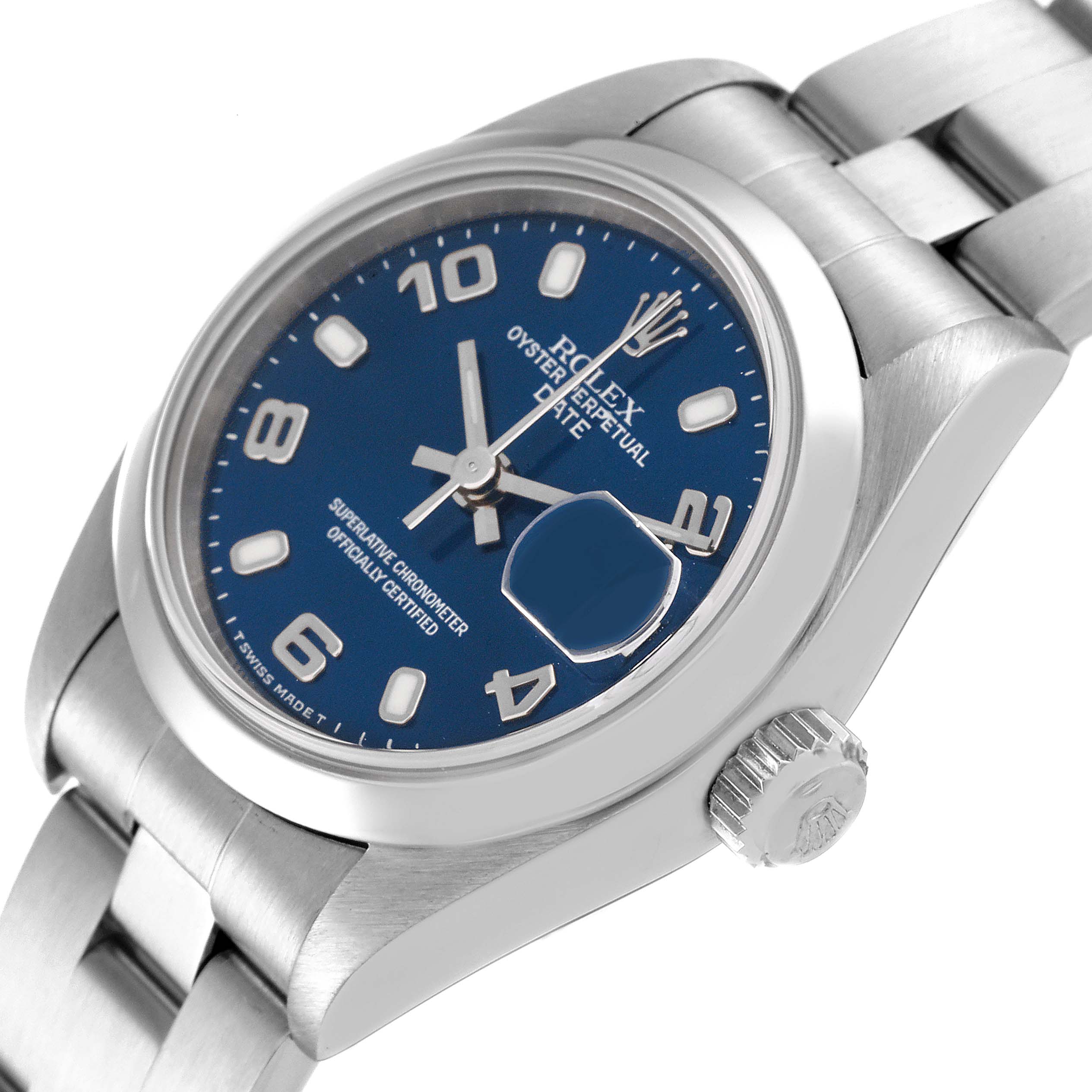 The image shows a close-up of a Rolex Oyster Perpetual Date watch with a blue dial, displaying the face, bezel, and part of the bracelet.