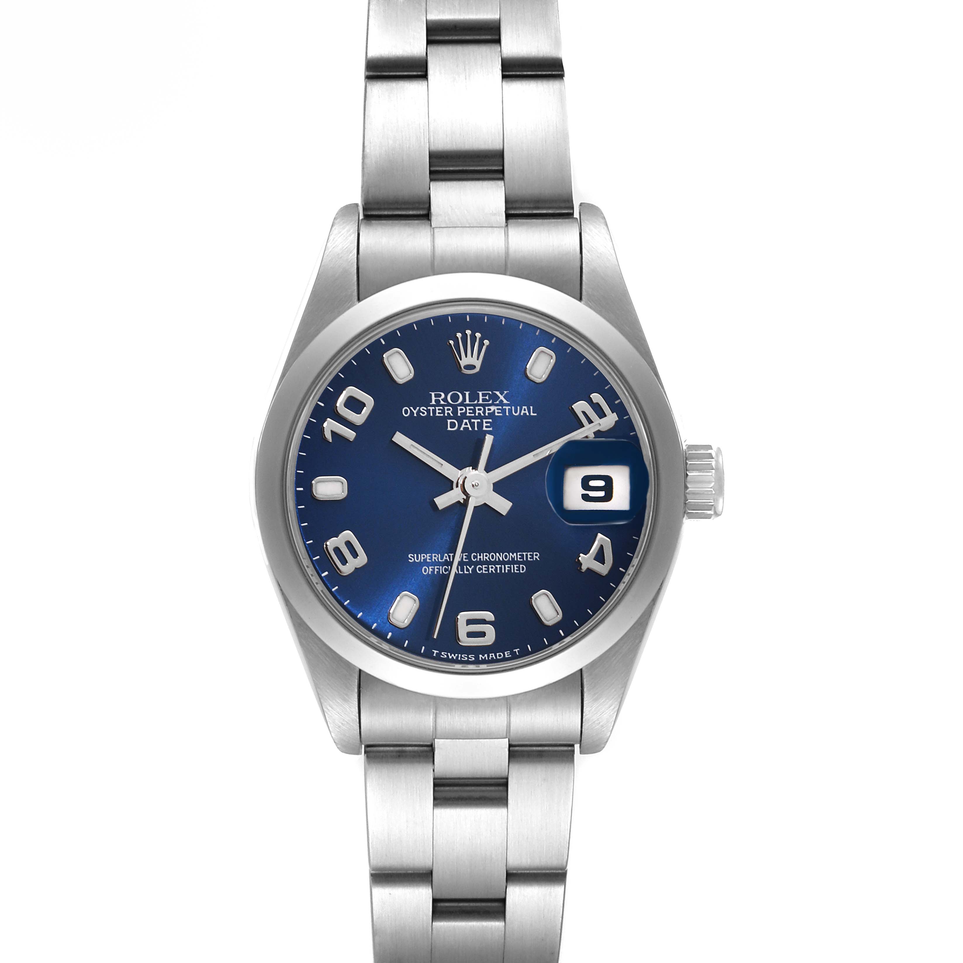 The image shows a frontal view of a Rolex Date 69160 Women
s Stainless Steel Blue Dial 69160 Women
s Stainless Steel Blue Dial model watch featuring the dial, case, and bracelet.