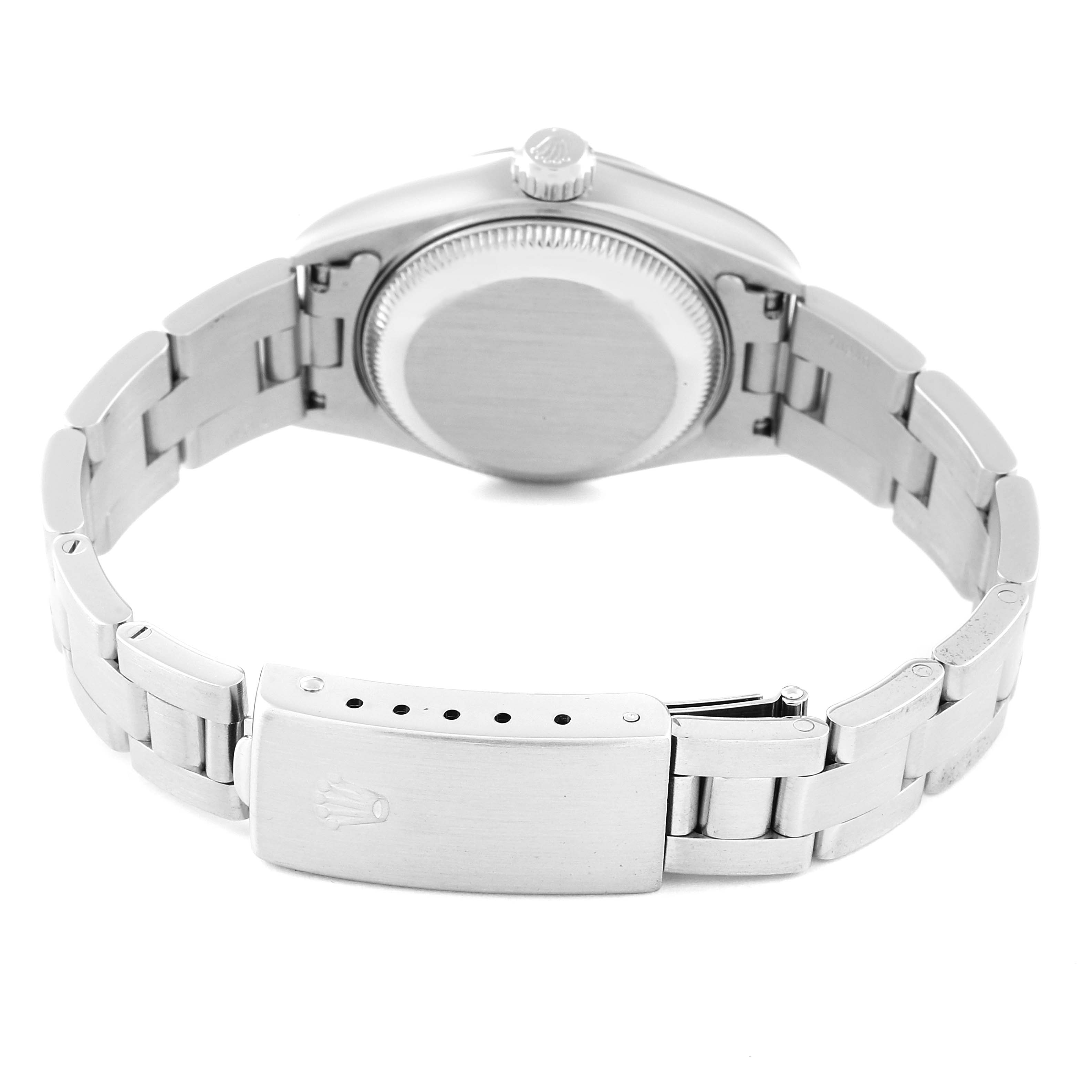 The image shows the back of a Rolex Date 69160 Women
s Stainless Steel Blue Dial 69160 Women
s Stainless Steel Blue Dial watch, highlighting its metal bracelet, clasp, and case back.