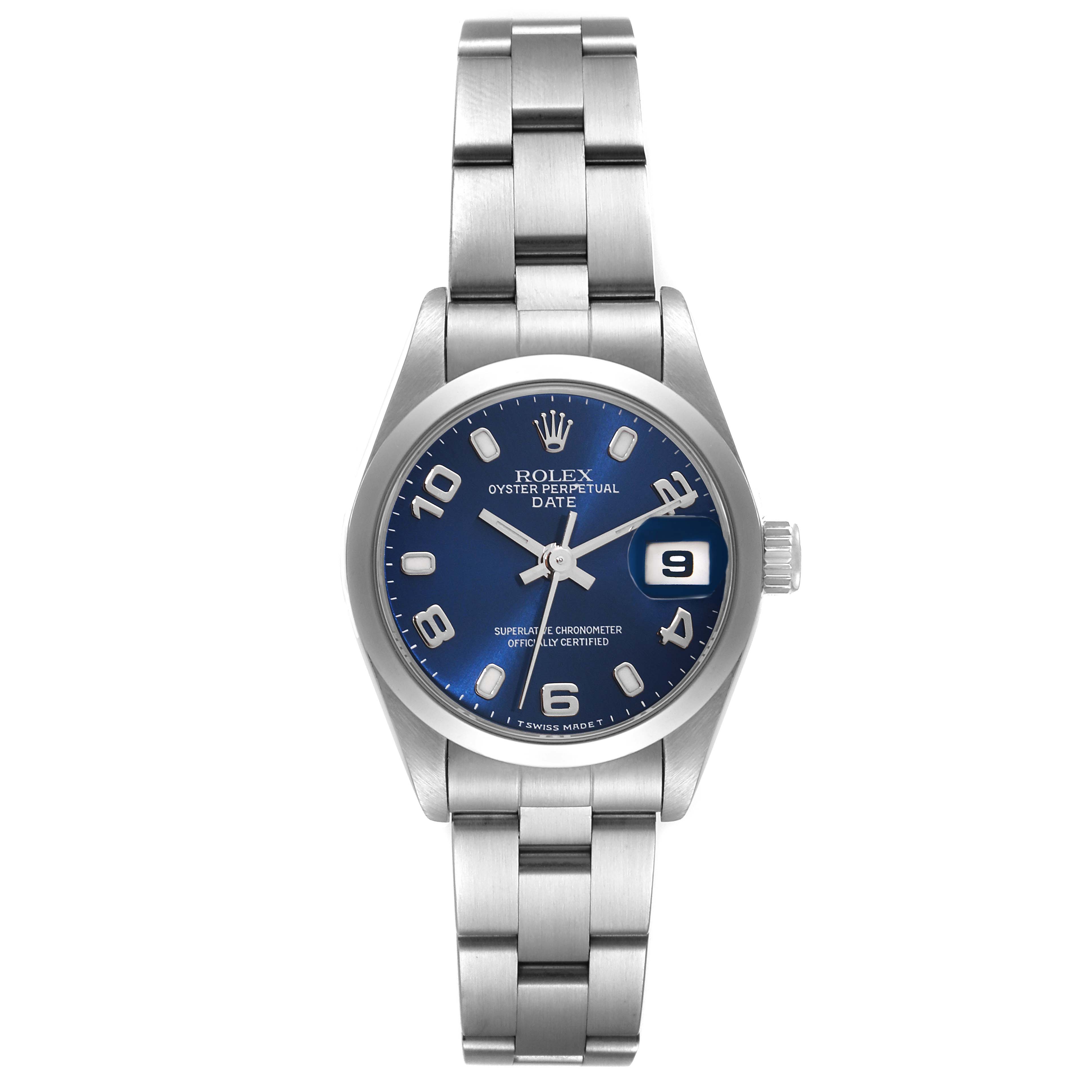 The image shows a front view of a Rolex Oyster Perpetual Date watch, featuring a blue dial, date window, and stainless steel bracelet.
