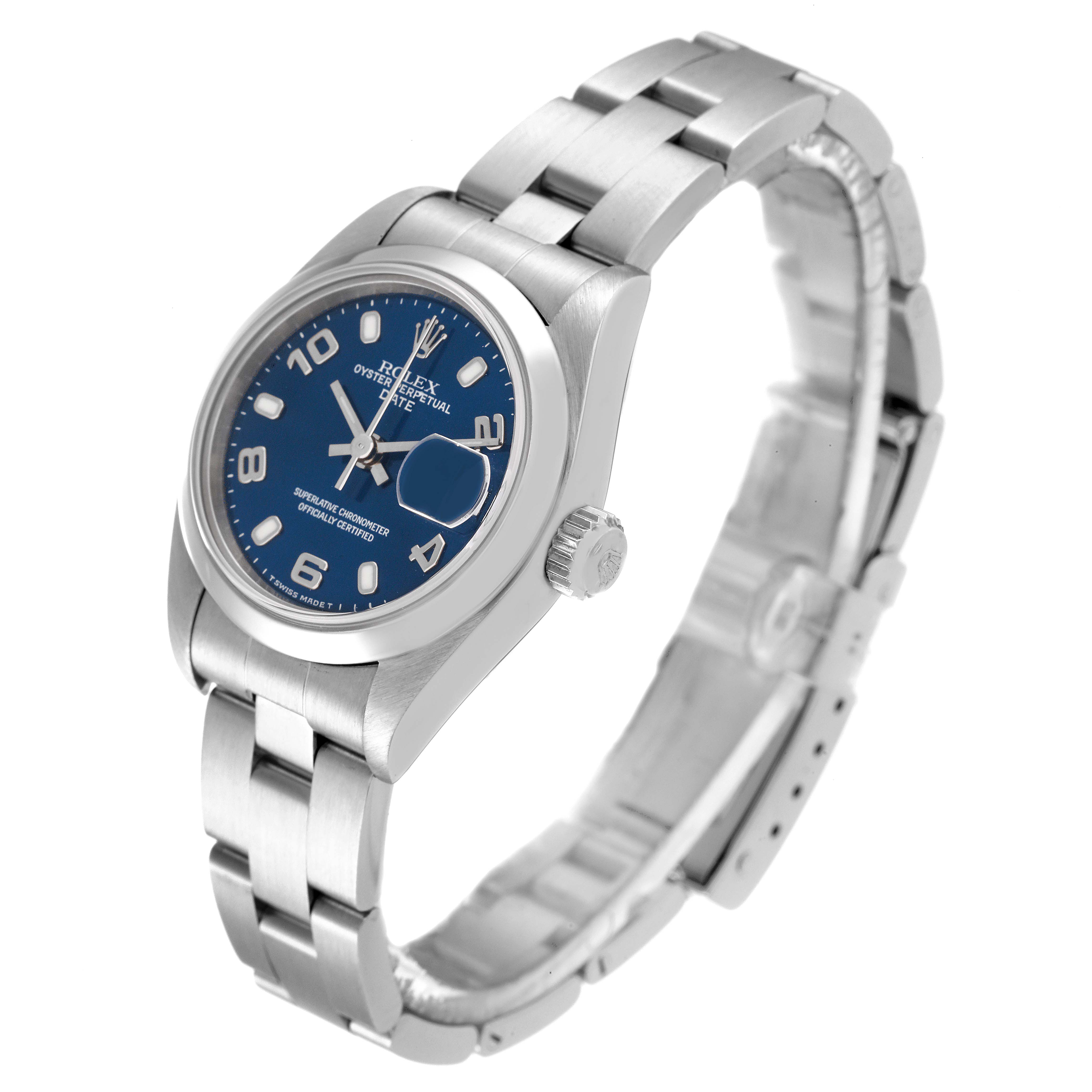This image shows a side perspective of the Rolex Date 69160 Women
s Stainless Steel Blue Dial 69160 Women
s Stainless Steel Blue Dial model watch, featuring its blue dial, crown, and metal bracelet.