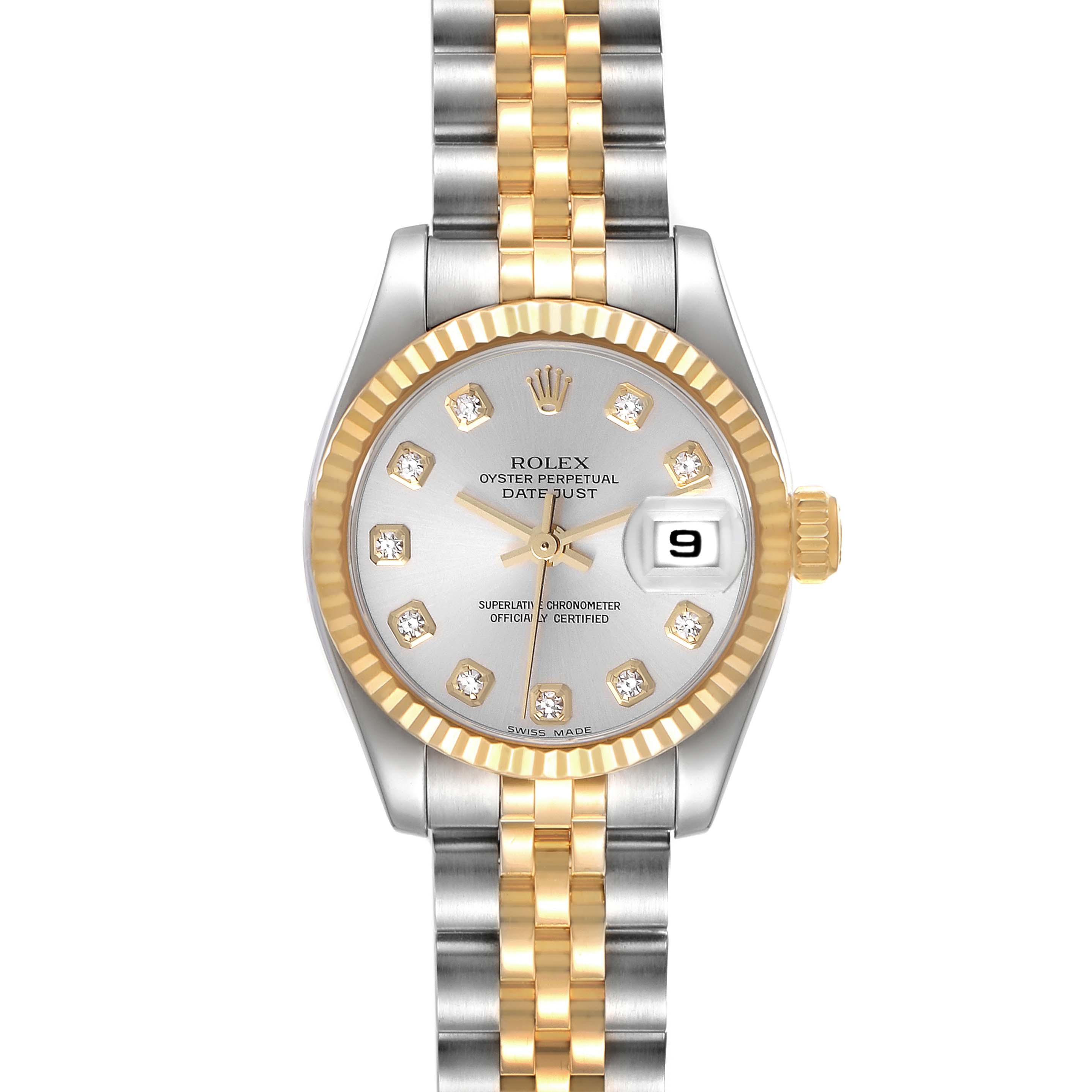 This image shows a front view of the Rolex Datejust 179173 Women's Steel and Gold (two tone) Silver Dial 179173 Women's Steel and Gold (two tone) Silver Dial watch, highlighting its dial, bezel, crown, and bracelet.