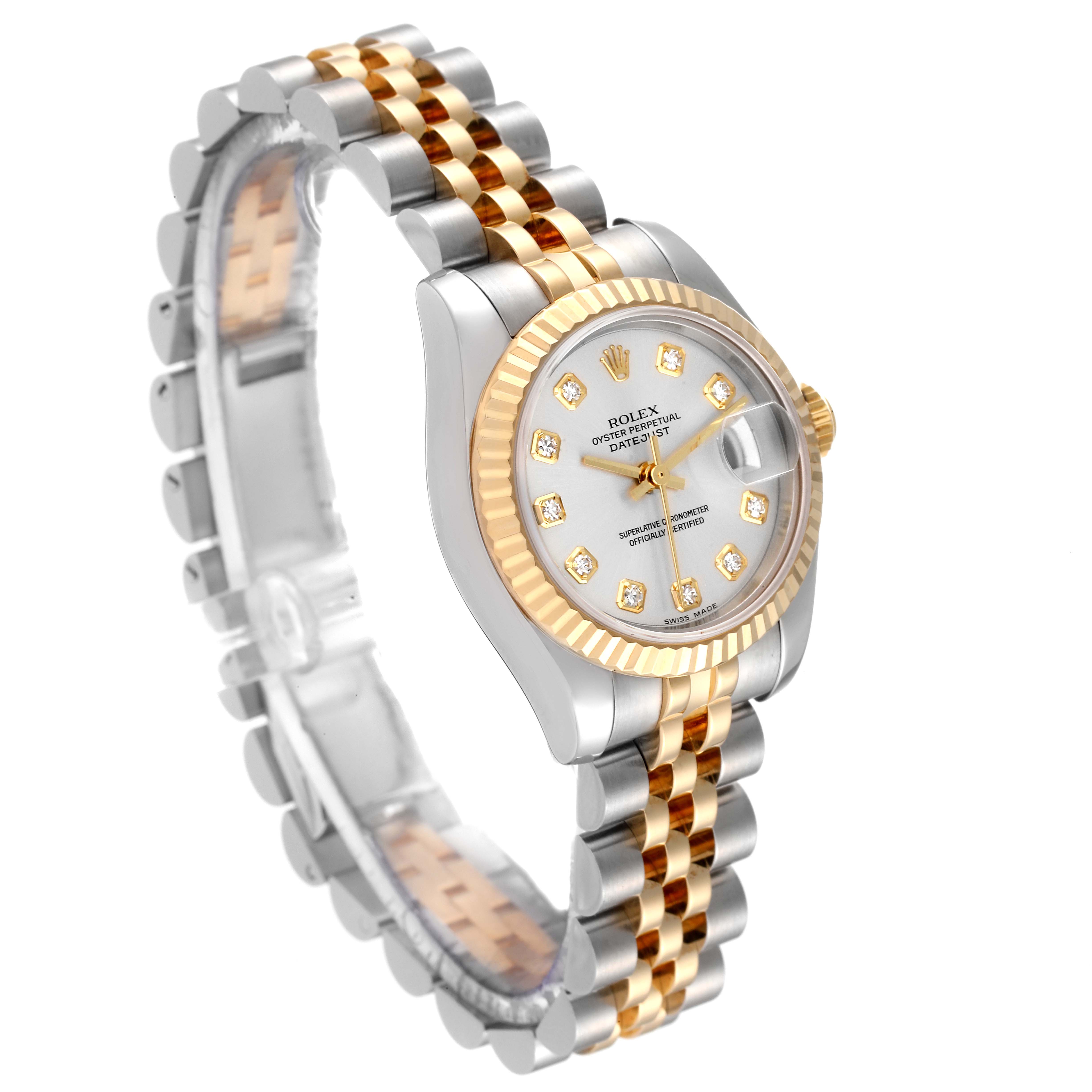 The image shows a Rolex Datejust 179173 Women's Steel and Gold (two tone) Silver Dial 179173 Women's Steel and Gold (two tone) Silver Dial model watch angled slightly from the front, showcasing the dial, bezel, and two-tone bracelet.