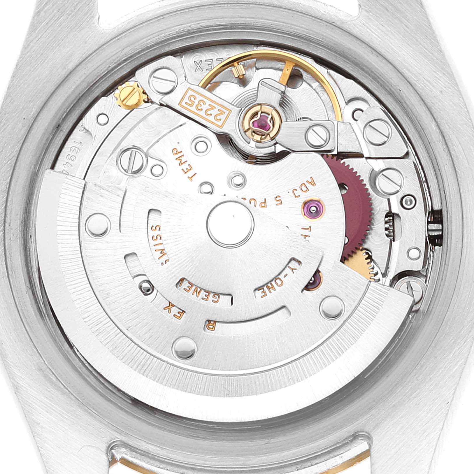 This image shows the internal movement mechanism of a Rolex Datejust 179173 Women's Steel and Gold (two tone) Silver Dial 179173 Women's Steel and Gold (two tone) Silver Dial watch from a direct top-down angle.