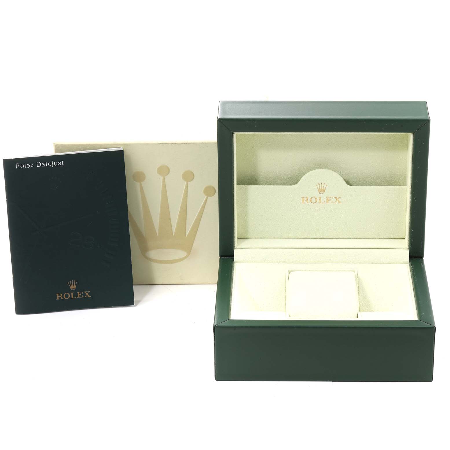 The image shows an open Rolex Datejust 179173 Women's Steel and Gold (two tone) Silver Dial 179173 Women's Steel and Gold (two tone) Silver Dial watch box with its interior, accompanied by user manuals and a branded outer box.