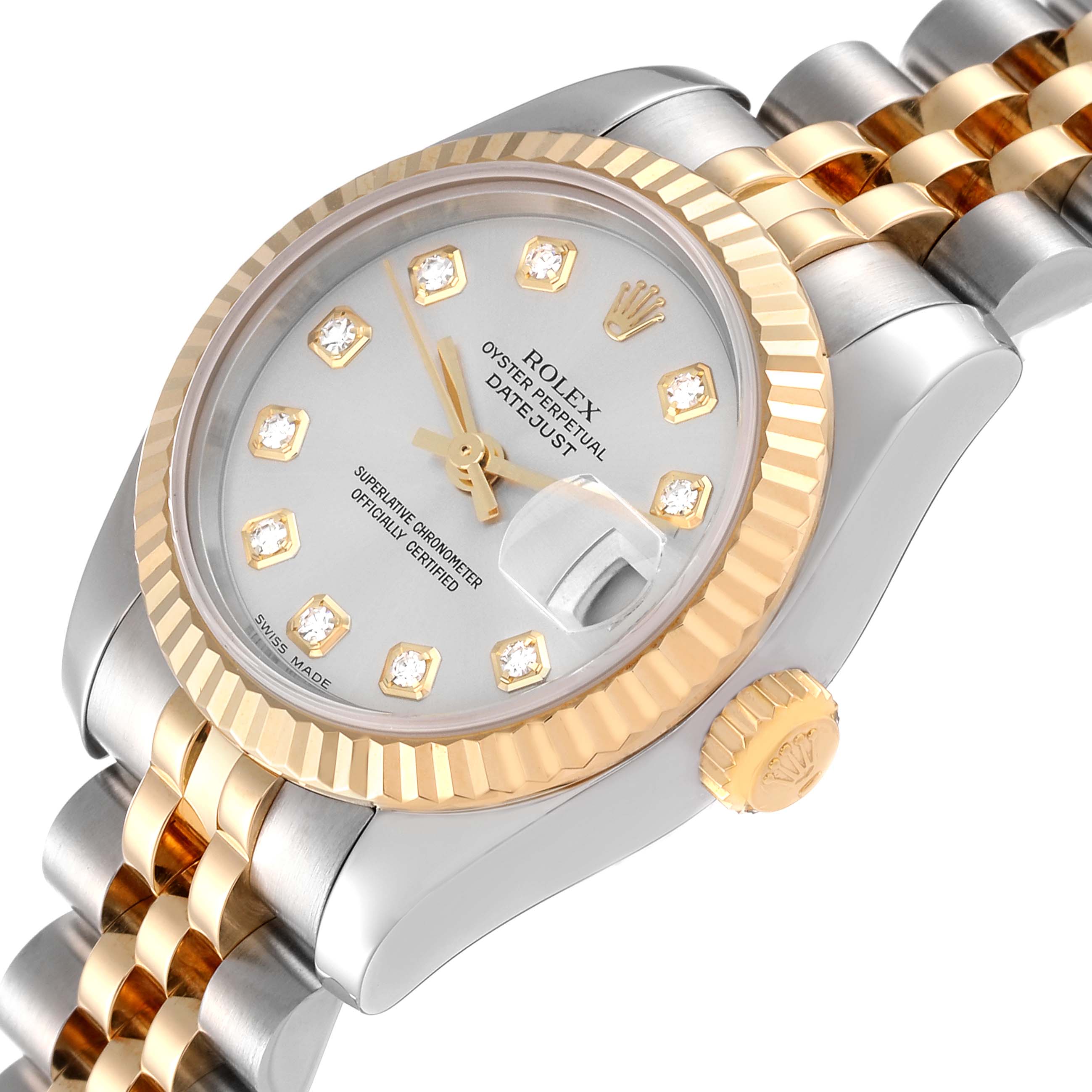 The image shows a close-up, angled view of the Rolex Datejust 179173 Women's Steel and Gold (two tone) Silver Dial 179173 Women's Steel and Gold (two tone) Silver Dial watch face and part of the bracelet band.