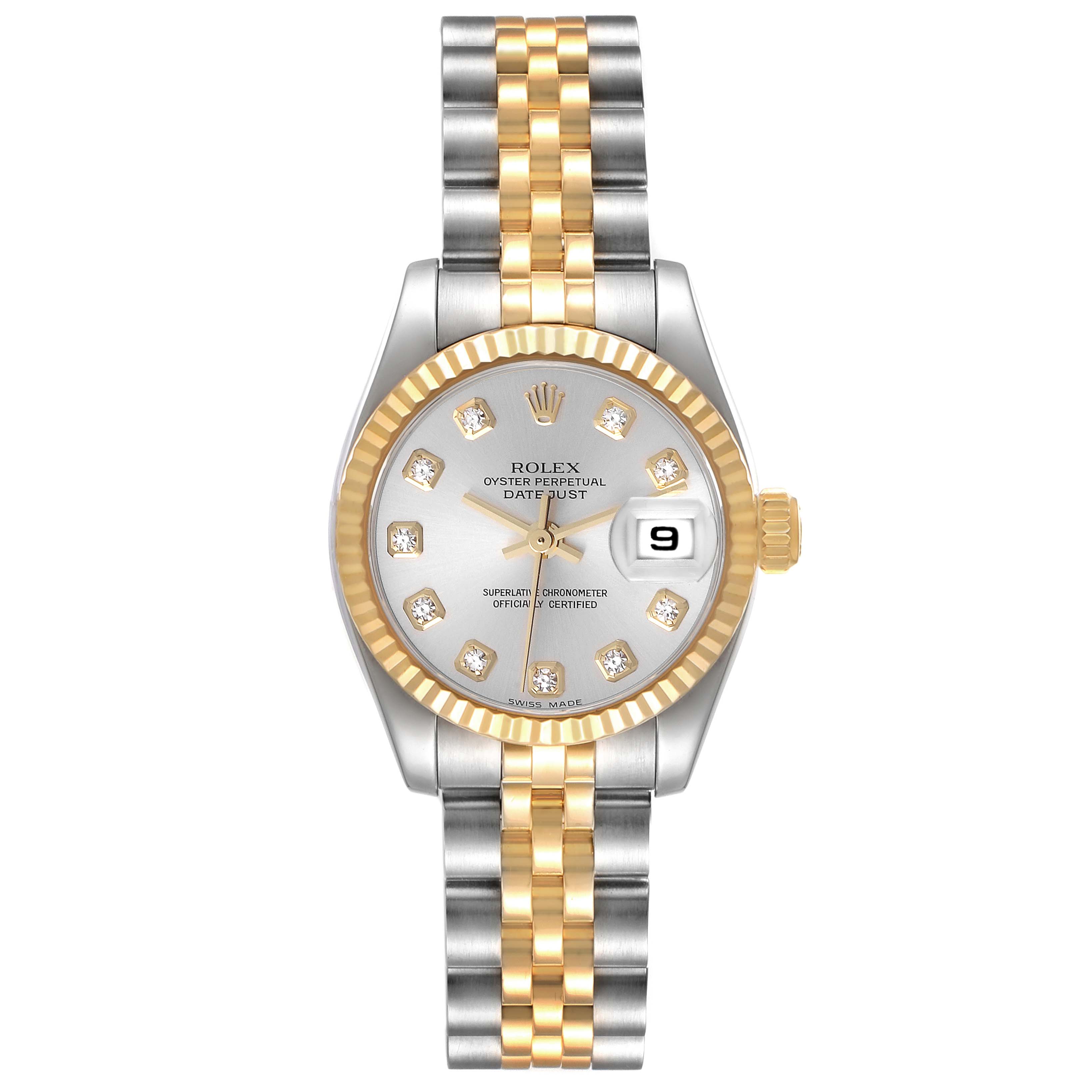 This Rolex Datejust 179173 Women's Steel and Gold (two tone) Silver Dial 179173 Women's Steel and Gold (two tone) Silver Dial watch is shown from the front, displaying its dial, hands, date window, and two-tone bracelet.
