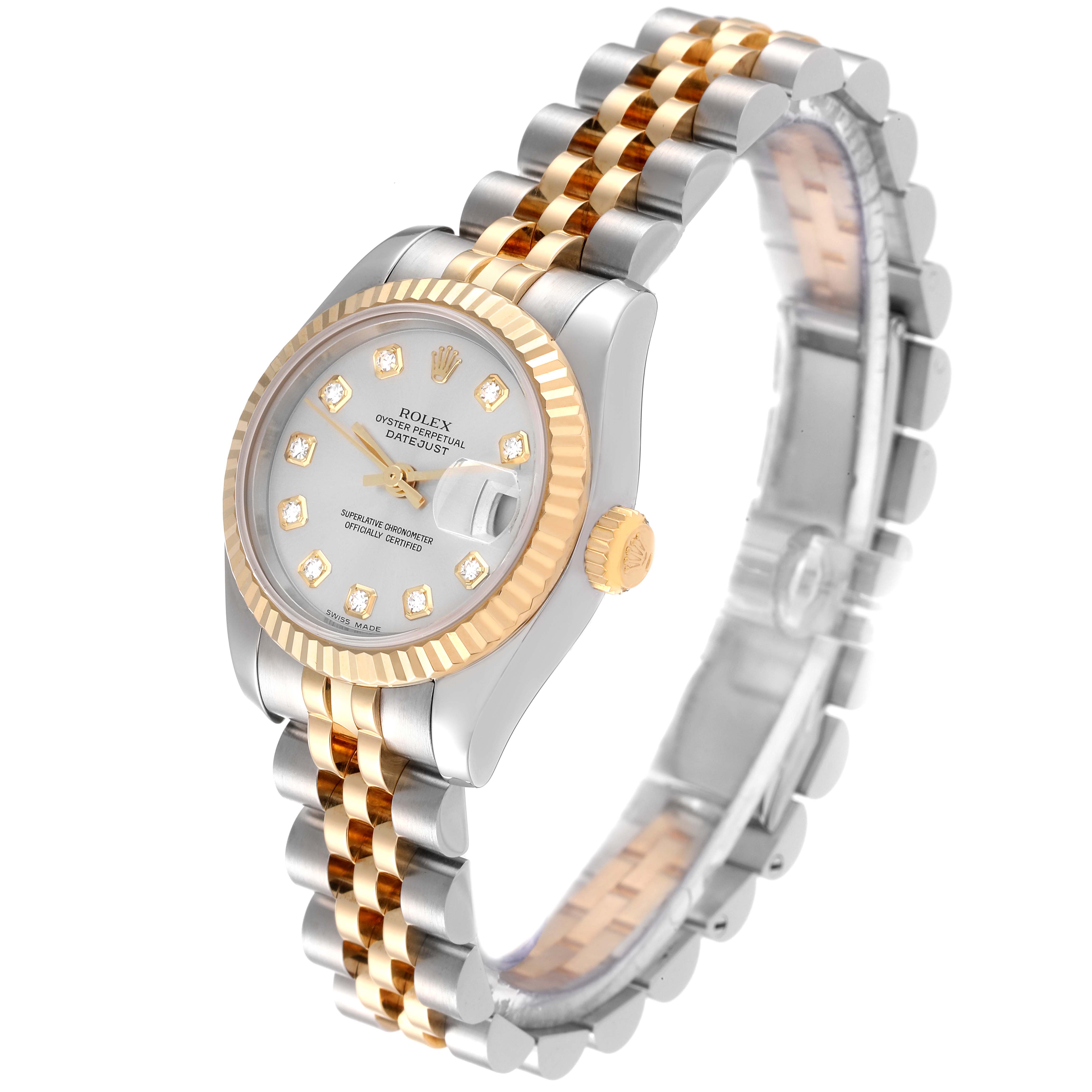 The Rolex Datejust 179173 Women's Steel and Gold (two tone) Silver Dial 179173 Women's Steel and Gold (two tone) Silver Dial watch is shown at a slight angle, displaying its dial, bezel, and two-tone bracelet.