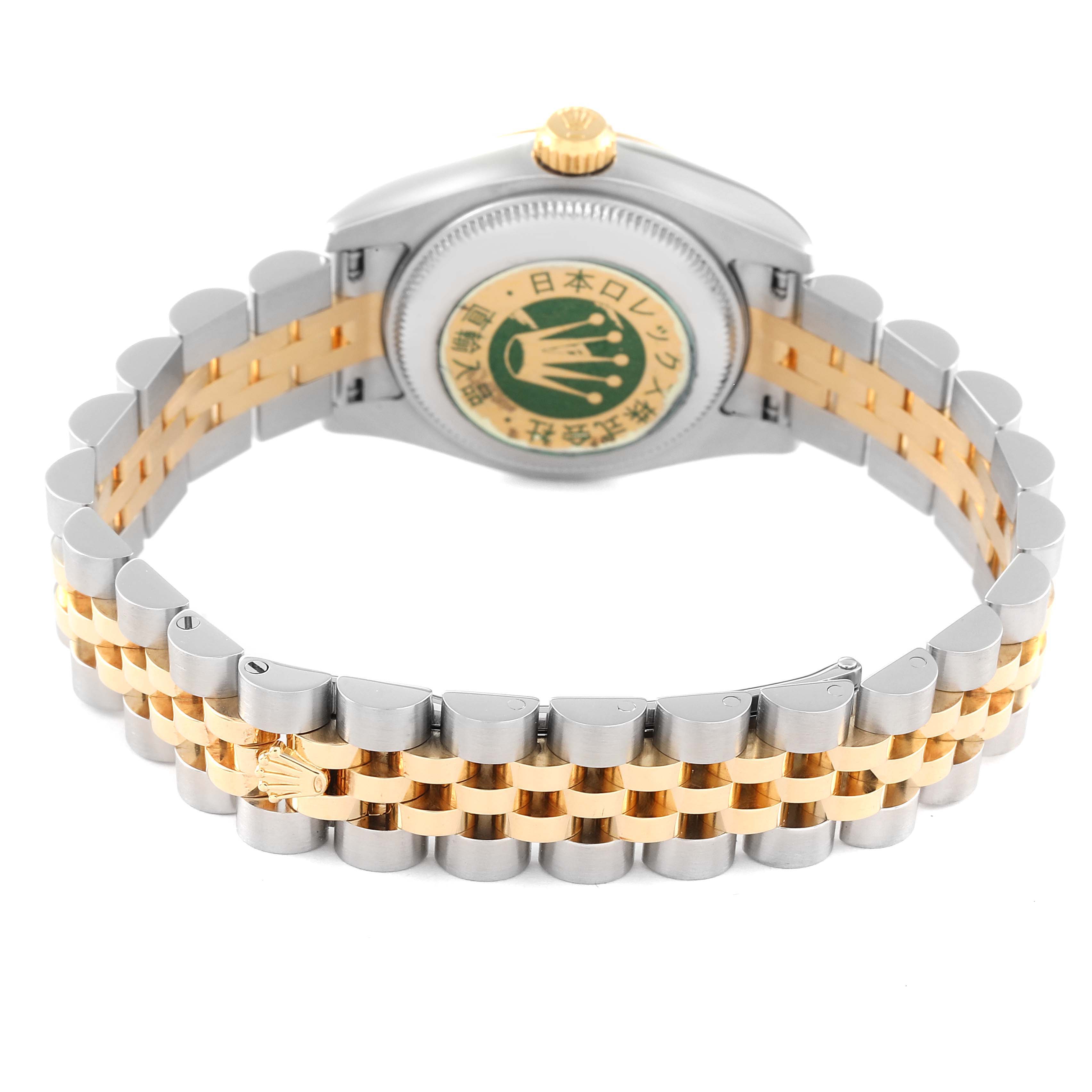 This image shows the back of a Rolex Datejust 179173 Women's Steel and Gold (two tone) Silver Dial 179173 Women's Steel and Gold (two tone) Silver Dial watch, focusing on the clasp and bracelet.