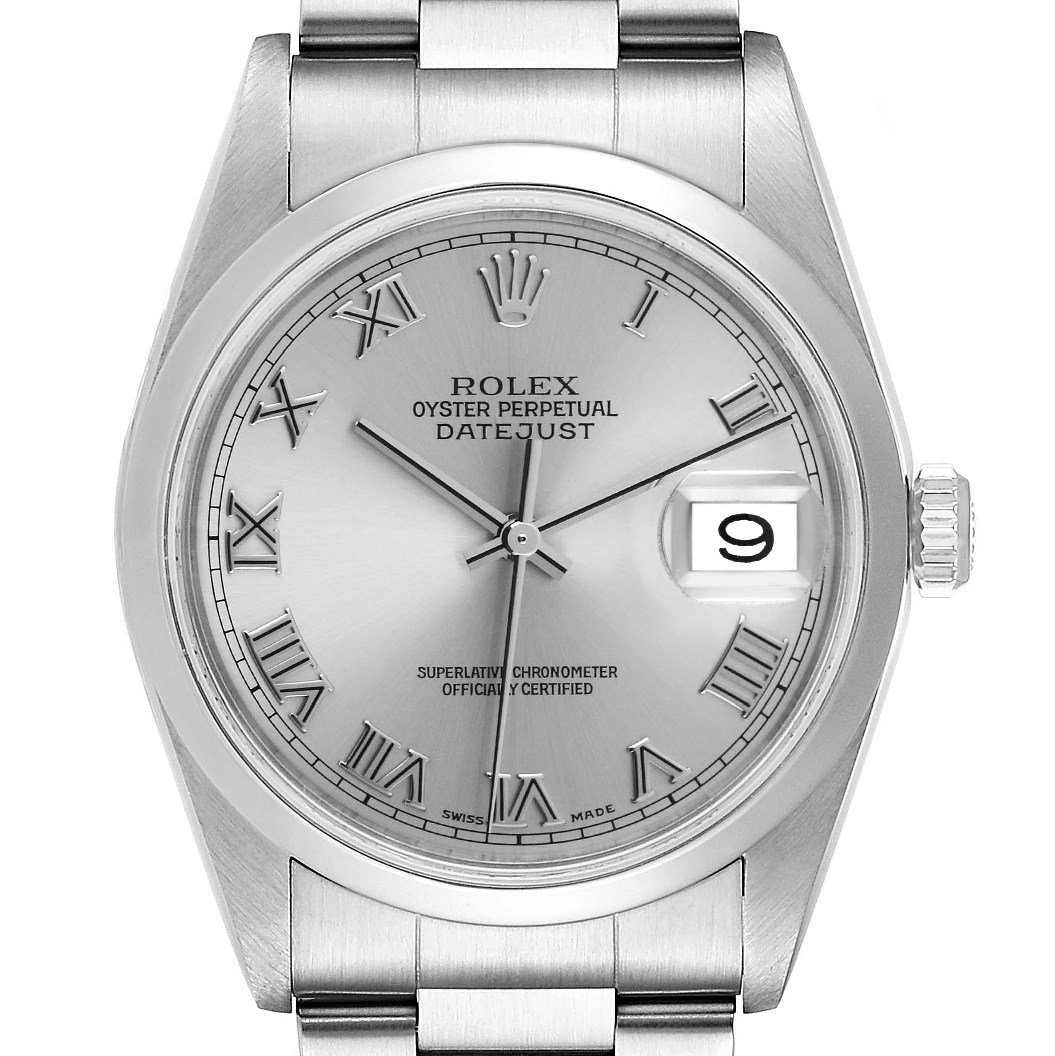 The Rolex Datejust 16200 Men's Stainless Steel Grey Dial 16200 Men's Stainless Steel Grey Dial watch is shown from a front angle, displaying its face, bezel, crown, and part of the bracelet.