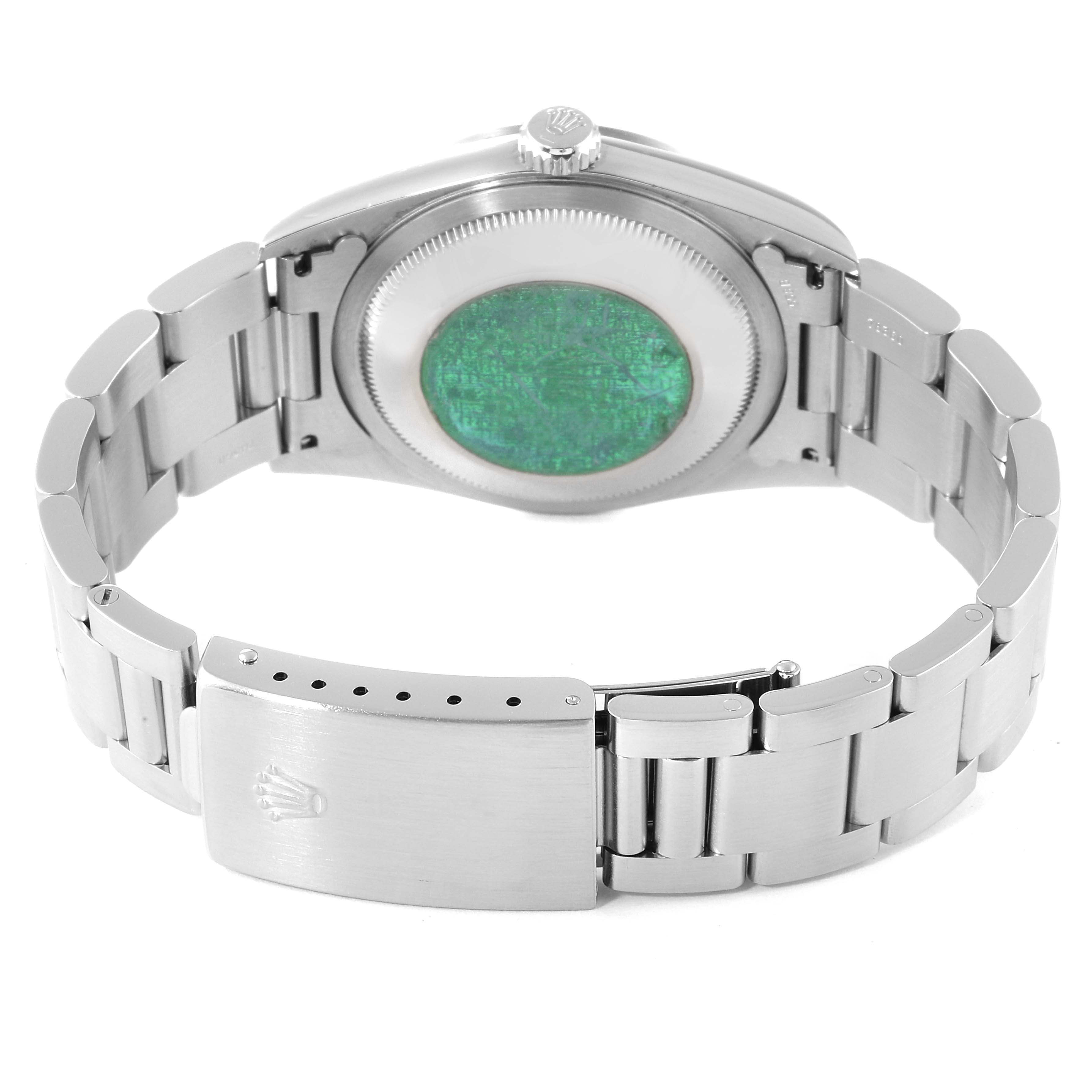 This image shows the back view of a Rolex Datejust 16200 Men's Stainless Steel Grey Dial 16200 Men's Stainless Steel Grey Dial watch, highlighting the bracelet and clasp.