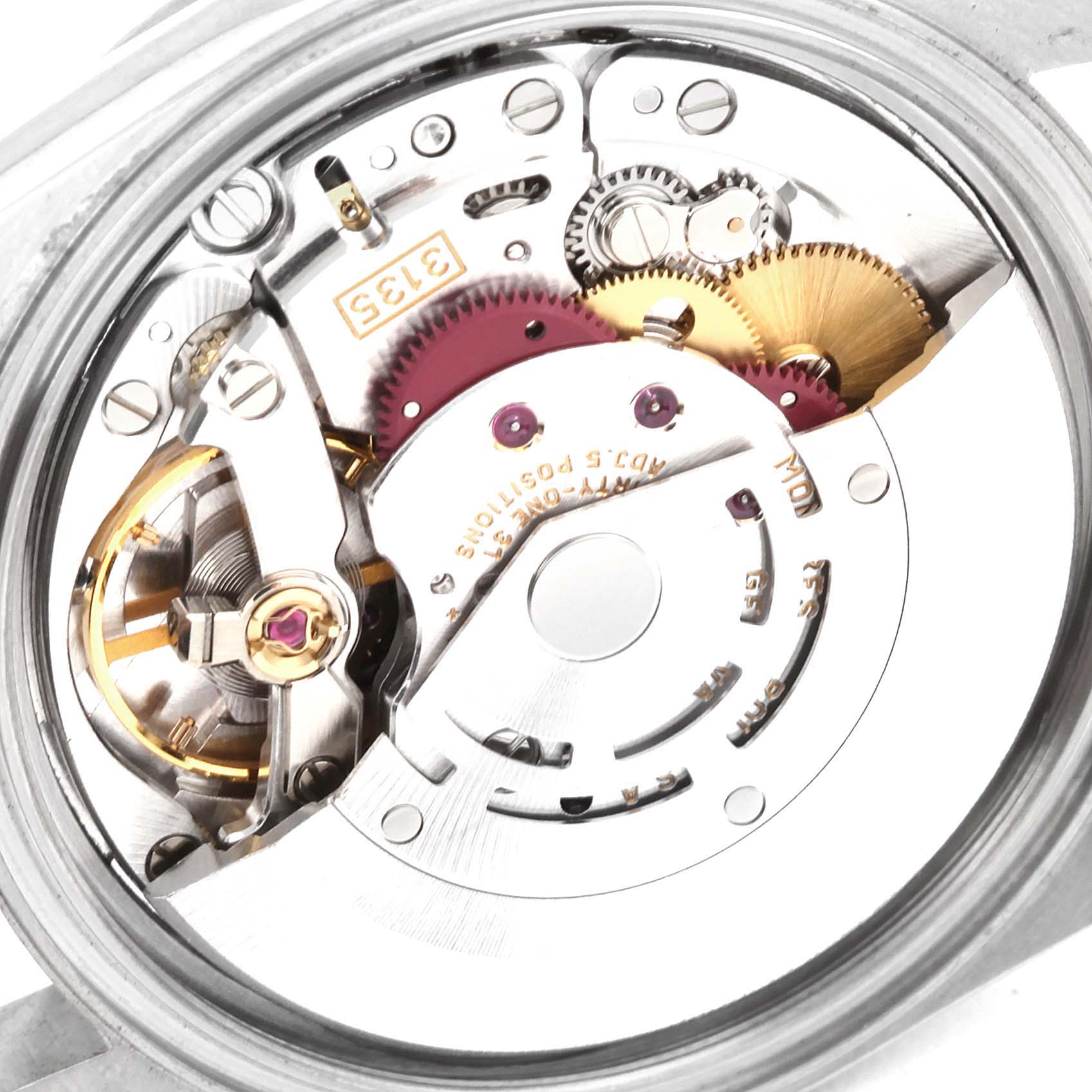 This image shows a close-up view of the movement parts inside a Rolex Datejust 16200 Men's Stainless Steel Grey Dial 16200 Men's Stainless Steel Grey Dial watch.