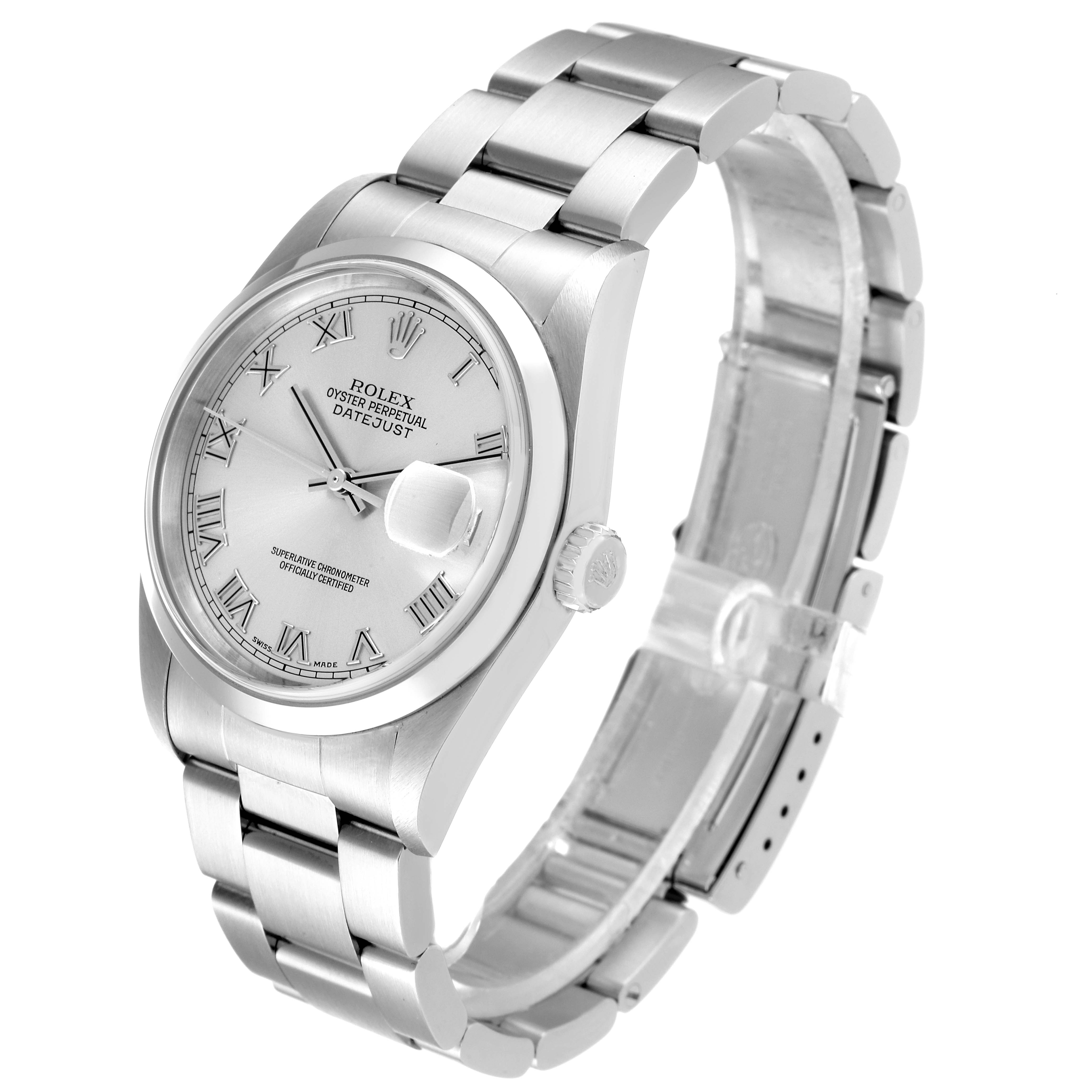 The image shows a Rolex Datejust 16200 Men's Stainless Steel Grey Dial 16200 Men's Stainless Steel Grey Dial watch at a three-quarter angle, displaying the face, bezel, bracelet, and the crown.