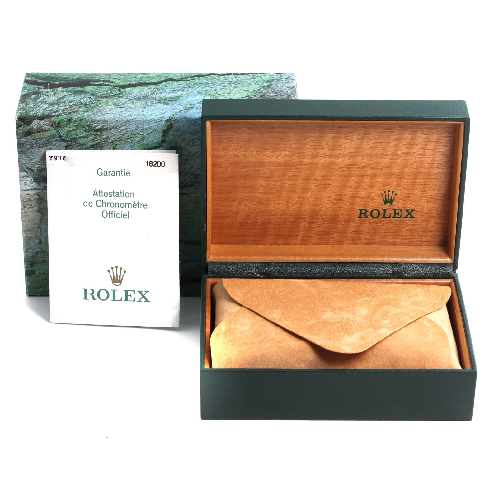 The image shows a Rolex Datejust 16200 Men's Stainless Steel Grey Dial 16200 Men's Stainless Steel Grey Dial watch box, its outer packaging, and the official Chronometer certificate.