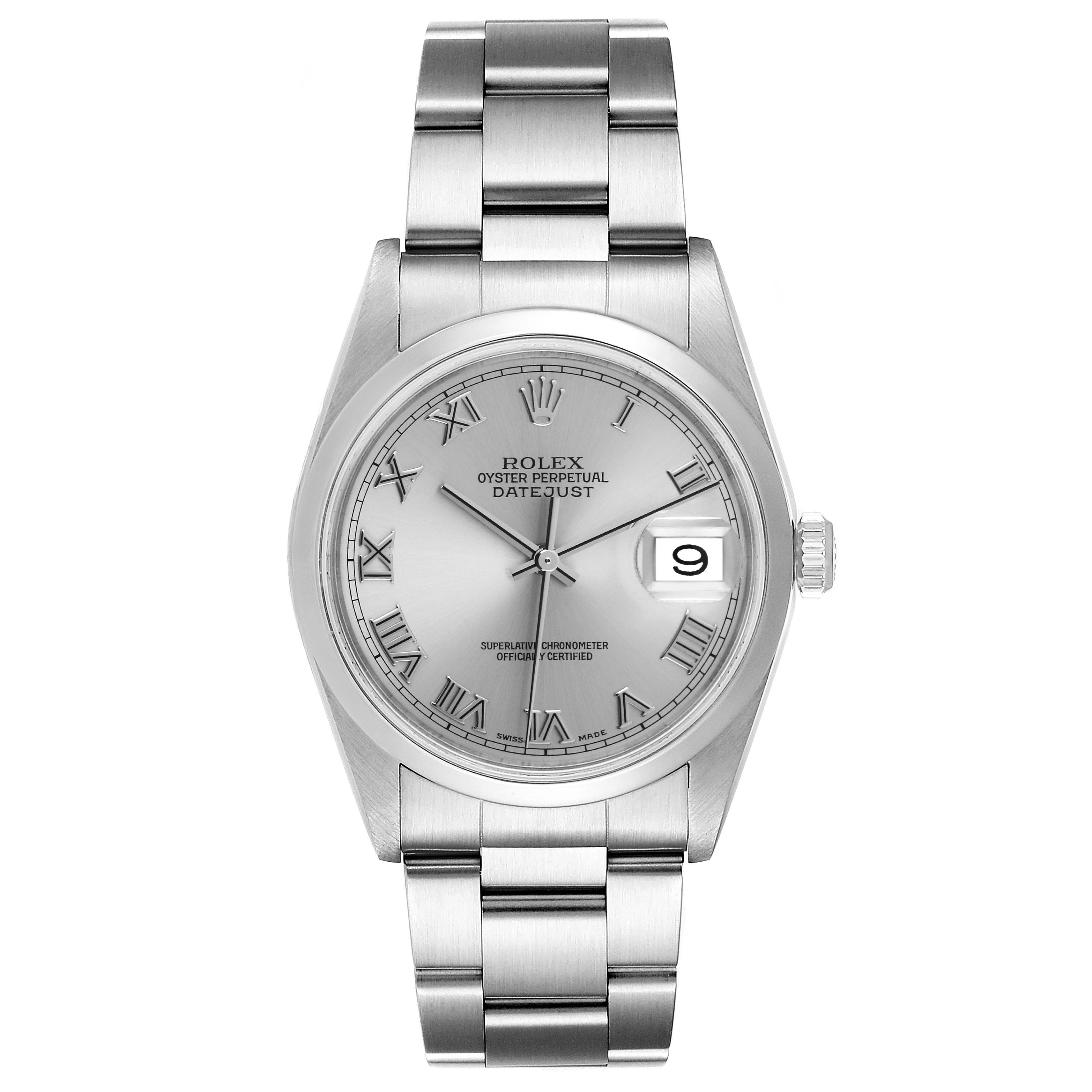 The image shows a front view of a Rolex Datejust 16200 Men's Stainless Steel Grey Dial 16200 Men's Stainless Steel Grey Dial watch displaying the dial, bezel, bracelet, and crown.