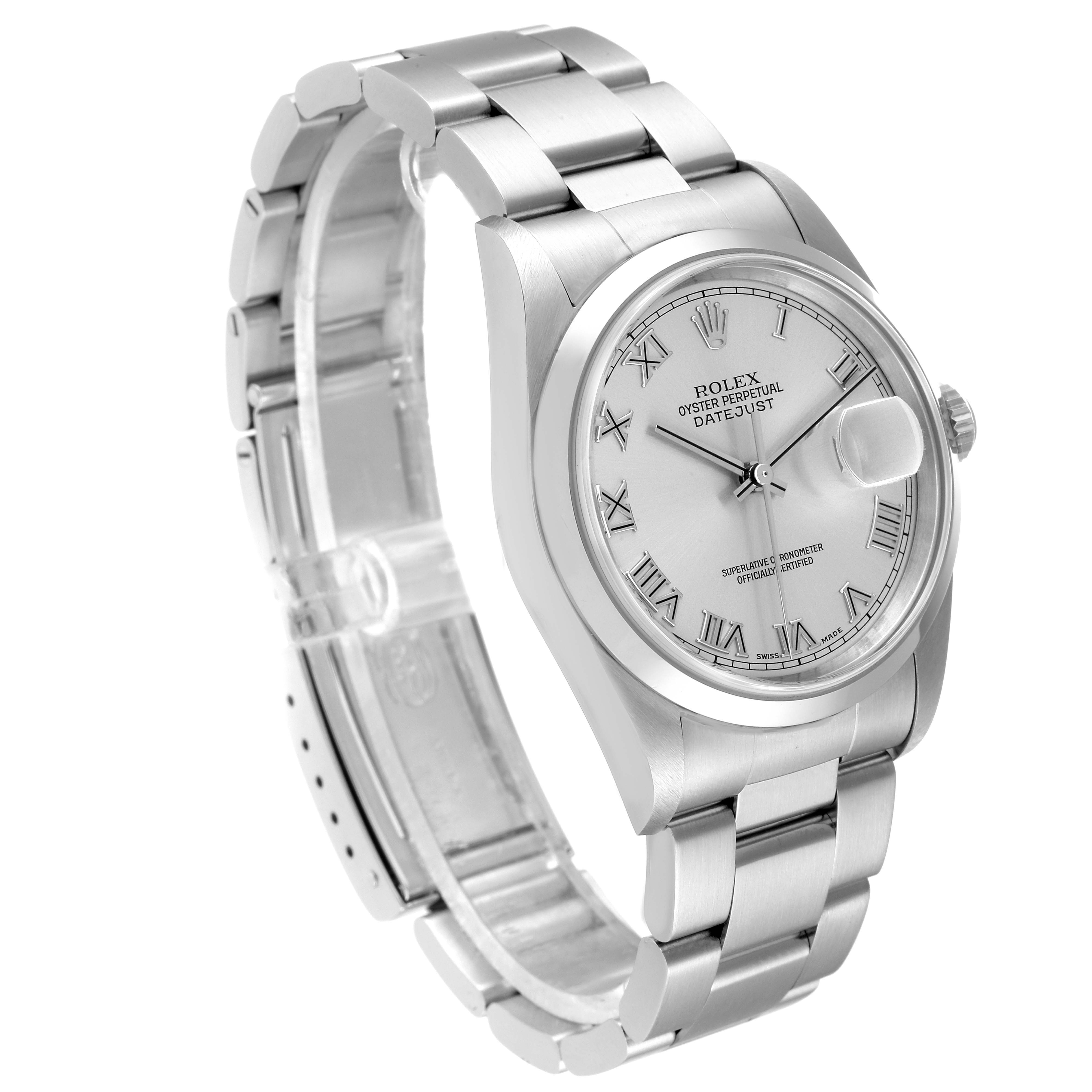 This image shows a Rolex Datejust 16200 Men's Stainless Steel Grey Dial 16200 Men's Stainless Steel Grey Dial watch at a three-quarter angle, highlighting its silver dial, Roman numerals, and metal bracelet.