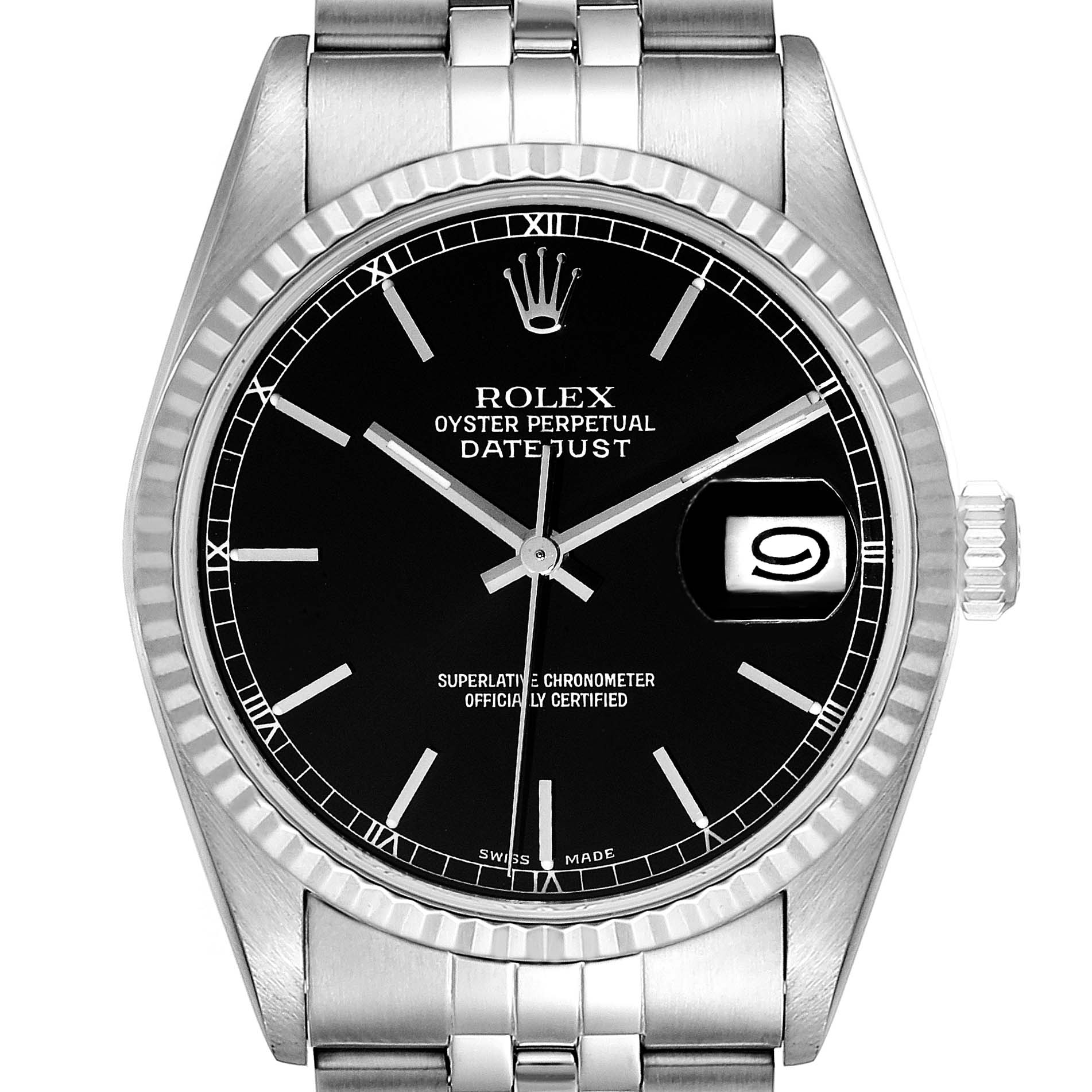 This Rolex Datejust 16234 Men
s Stainless Steel Black Dial 16234 Men
s Stainless Steel Black Dial model is shown from a straight-on angle, highlighting its black dial, bezel, and stainless steel bracelet.