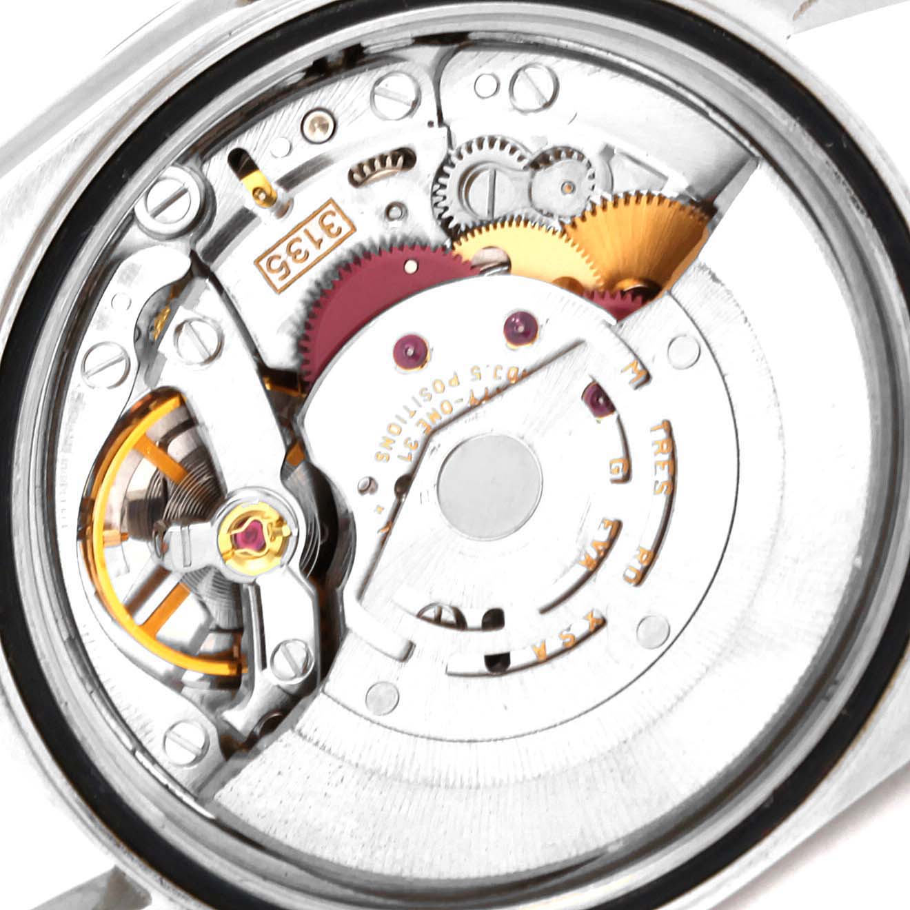 This image shows the intricate internal mechanism of a Rolex Datejust 16234 Men
s Stainless Steel Black Dial 16234 Men
s Stainless Steel Black Dial watch viewed from the back.