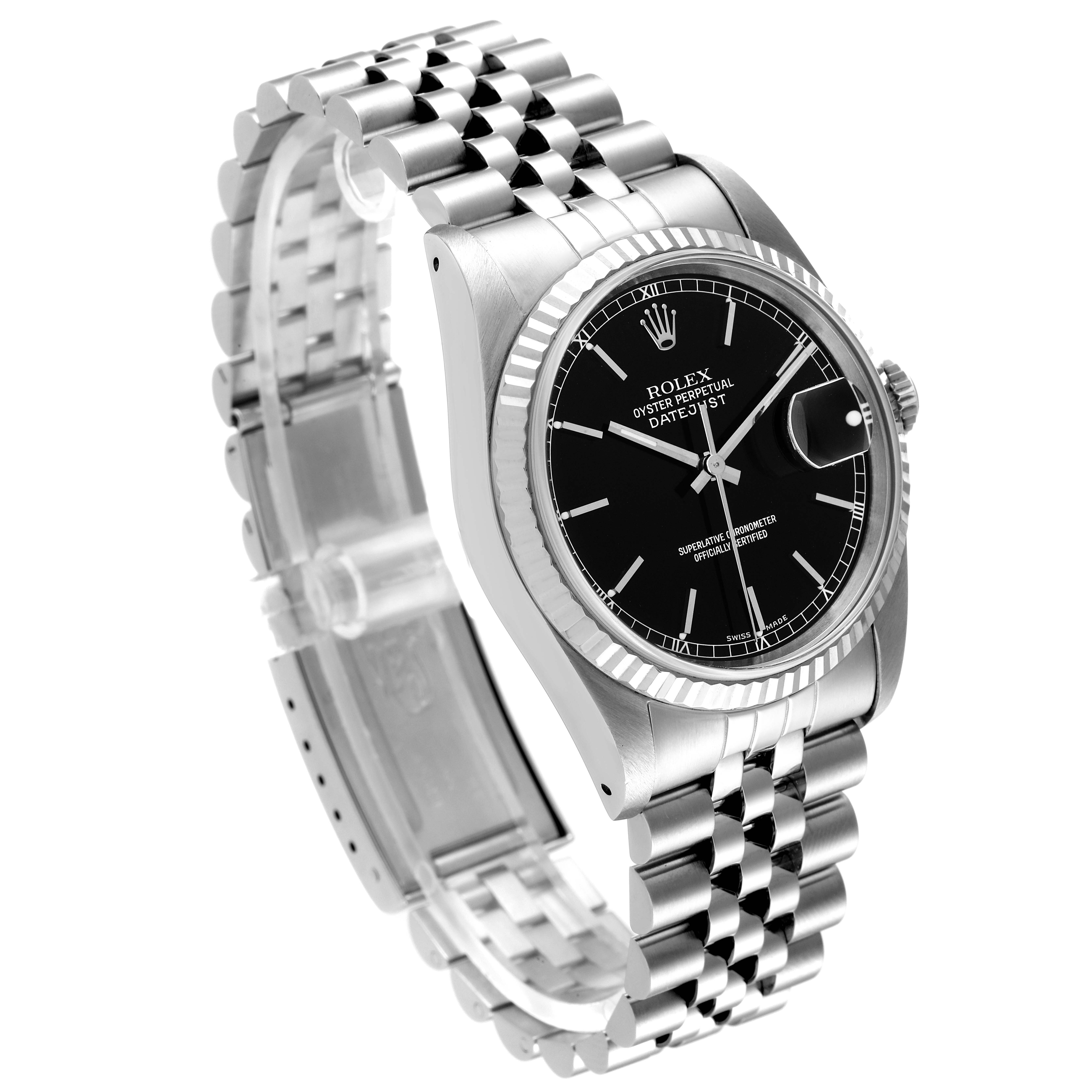 The image shows a Rolex Datejust 16234 Men
s Stainless Steel Black Dial 16234 Men
s Stainless Steel Black Dial watch at a slight angle emphasizing the dial, bezel, and bracelet.