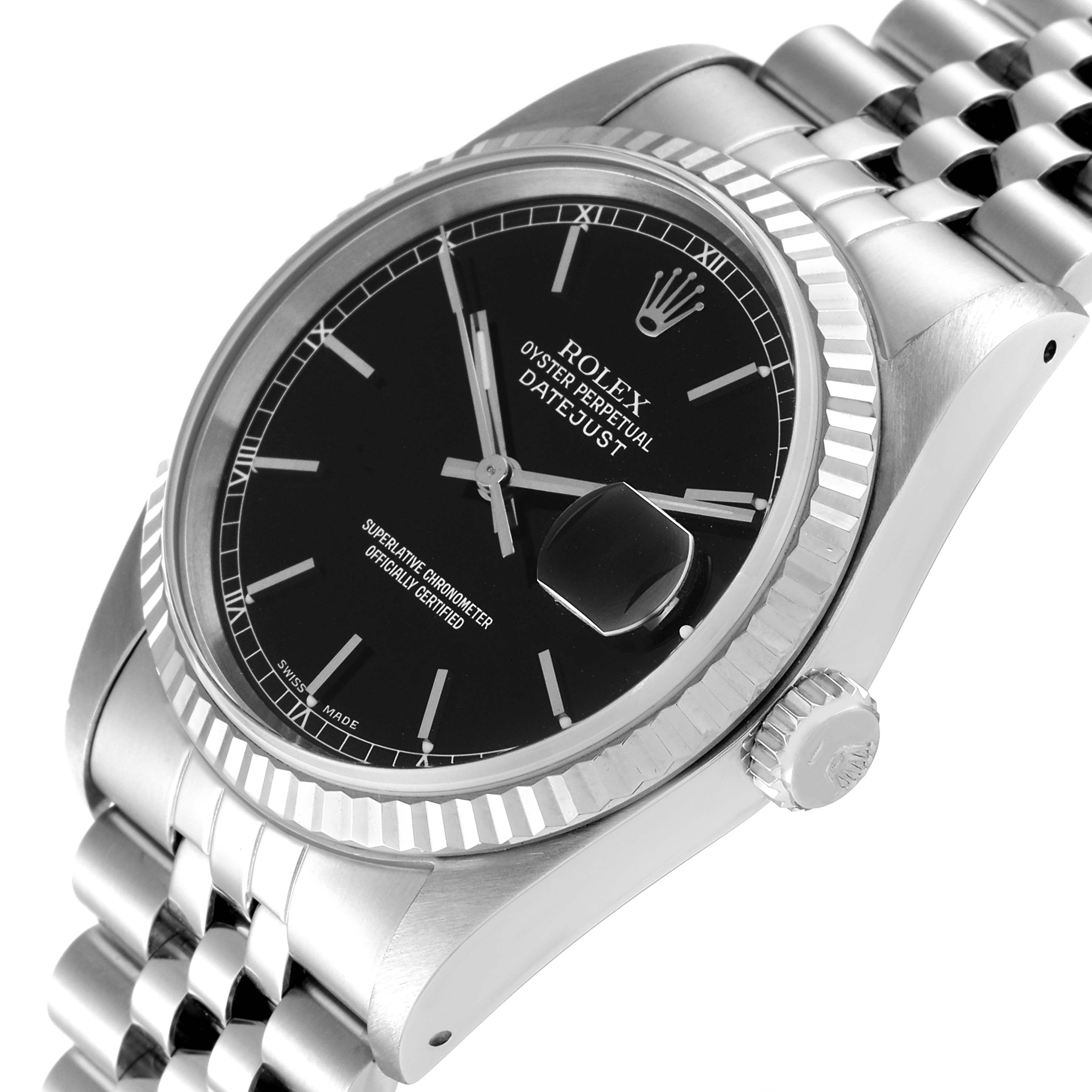 This image shows a close-up angled view of the Rolex Datejust 16234 Men
s Stainless Steel Black Dial 16234 Men
s Stainless Steel Black Dial watch highlighting its face, bezel, crown, and bracelet.