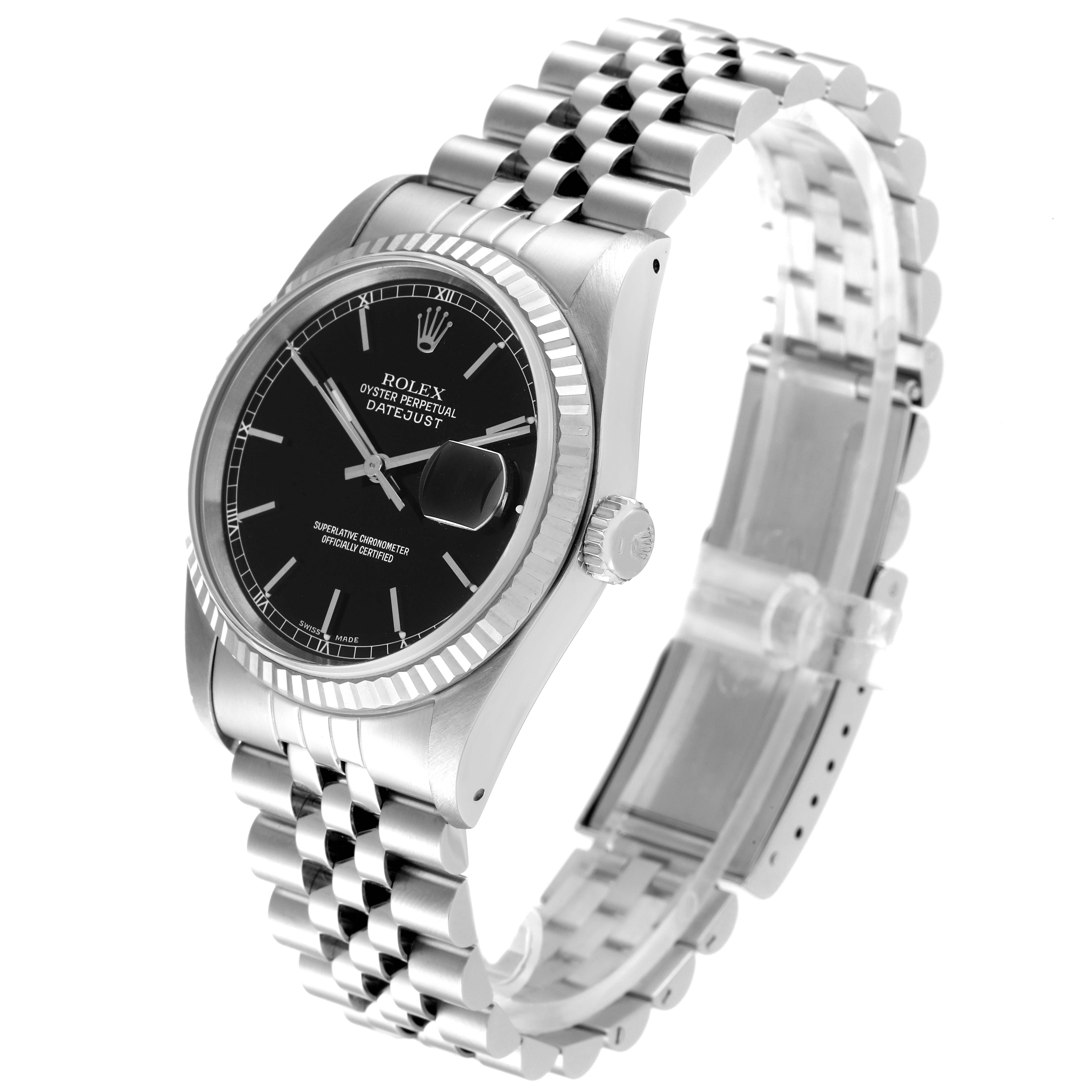This angled view of the Rolex Datejust 16234 Men
s Stainless Steel Black Dial 16234 Men
s Stainless Steel Black Dial model showcases its face, bezel, crown, and bracelet.