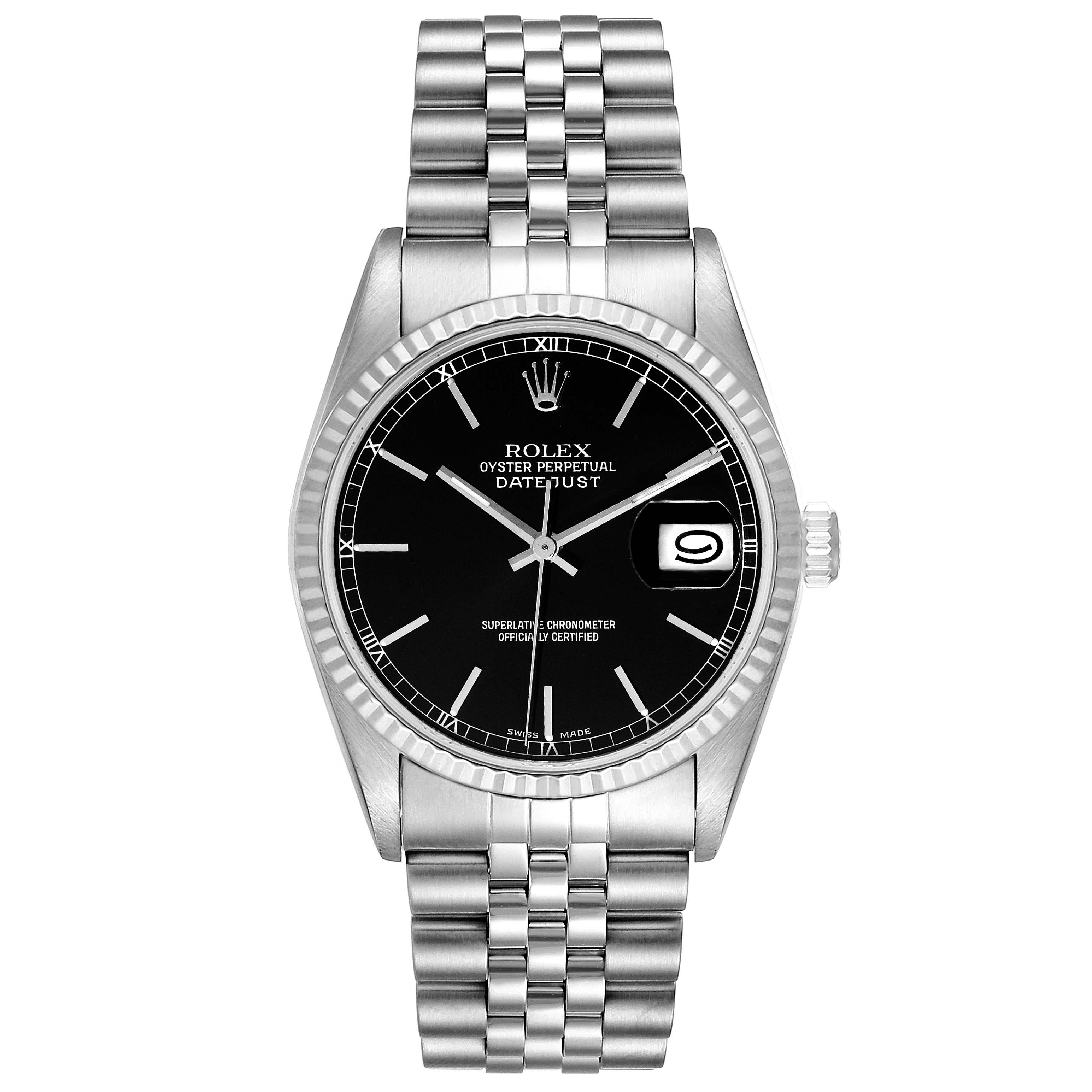 This Rolex Datejust 16234 Men
s Stainless Steel Black Dial 16234 Men
s Stainless Steel Black Dial model is shown from a top-down angle, highlighting the dial, bezel, case, and bracelet.