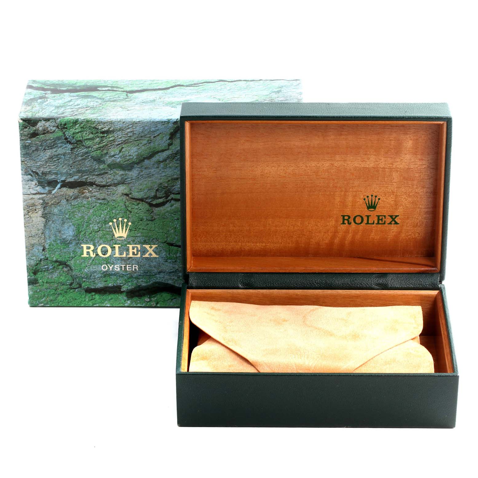 The image shows the open box and protective pouch for a Rolex Datejust 16234 Men
s Stainless Steel Black Dial 16234 Men
s Stainless Steel Black Dial watch, along with its outer packaging.