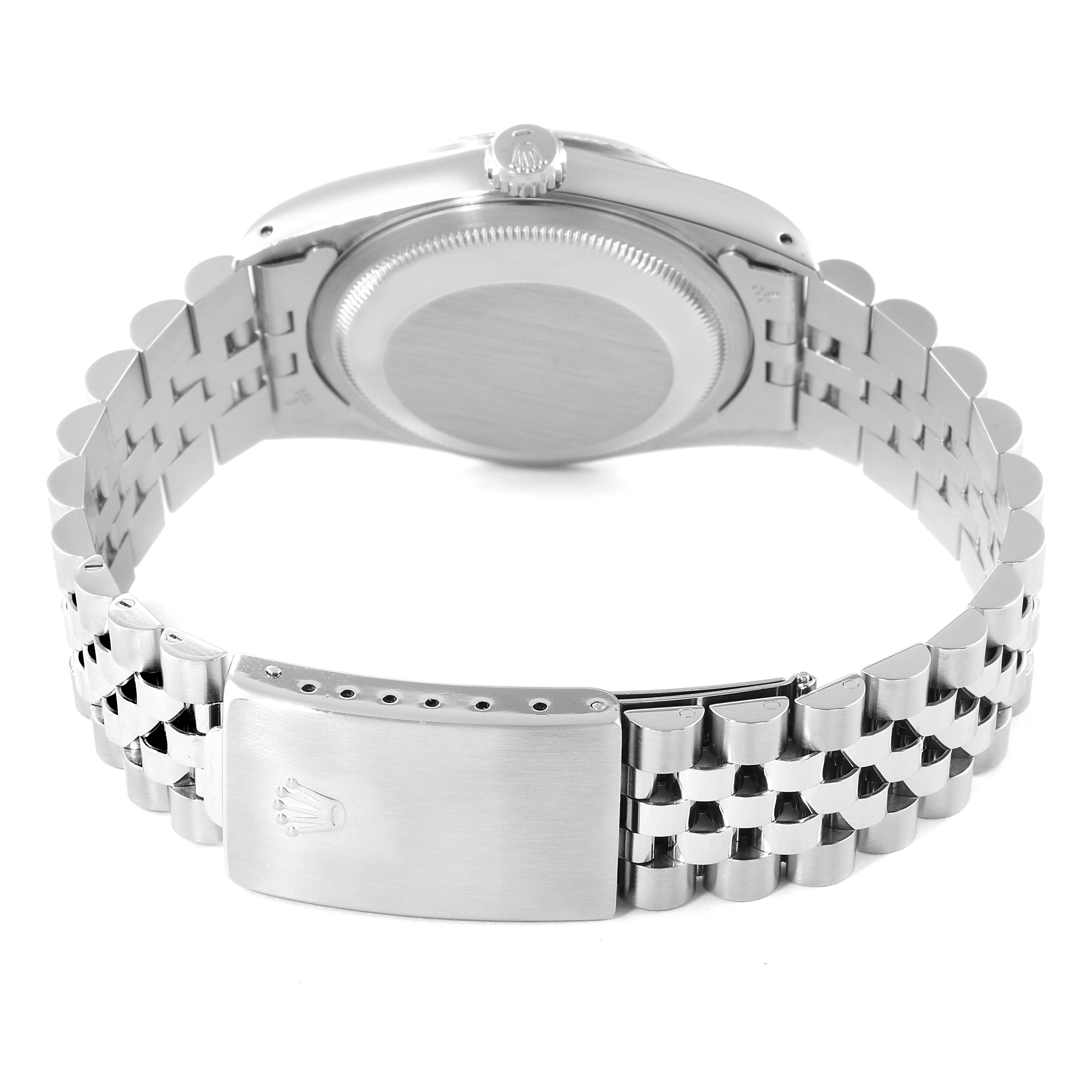 This image shows the back case, bracelet, and clasp of a Rolex Datejust 16234 Men
s Stainless Steel Black Dial 16234 Men
s Stainless Steel Black Dial watch from the rear angle.