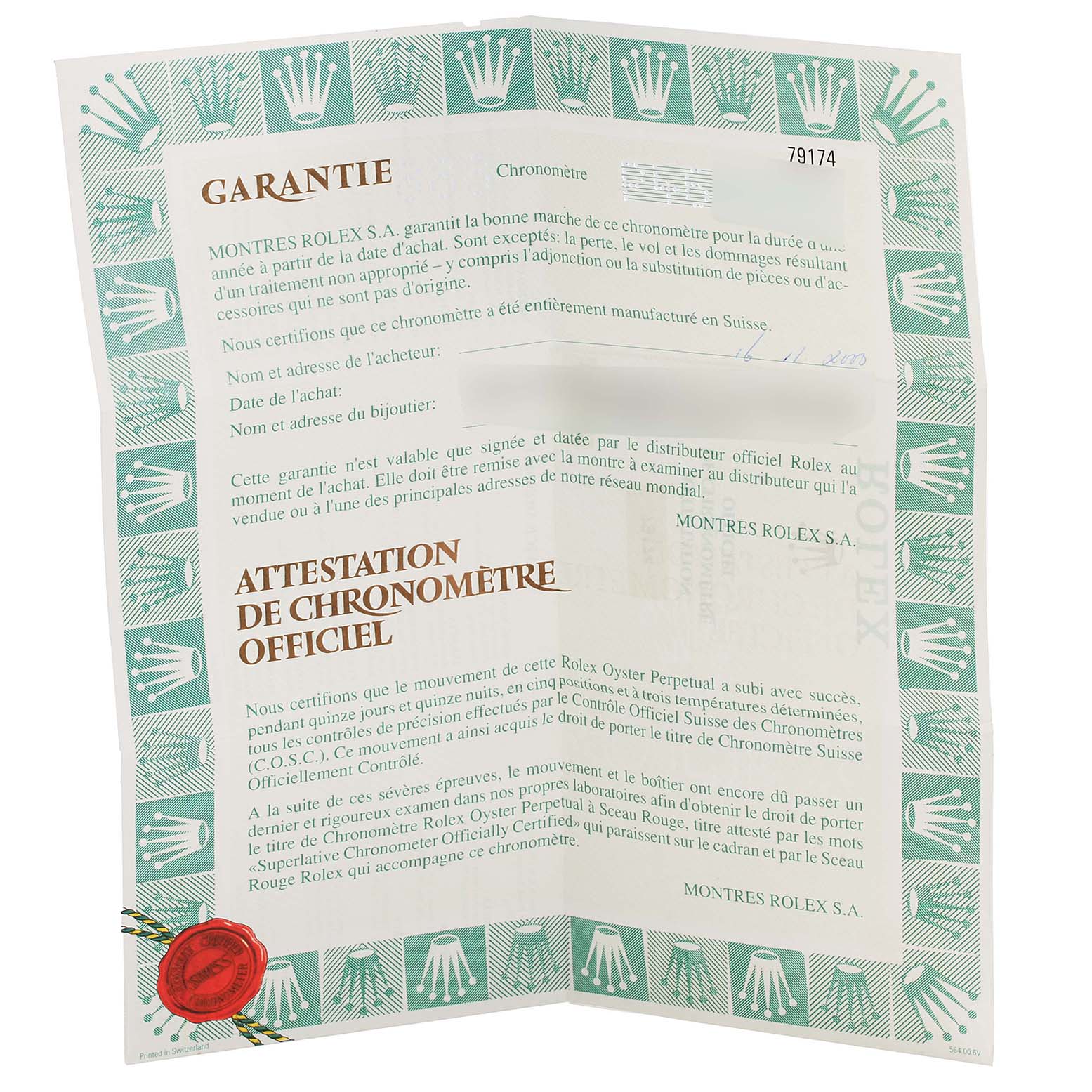 This image shows the official guarantee certificate for a Rolex Datejust 16234 Men
s Stainless Steel Pink Dial 16234 Men
s Stainless Steel Pink Dial watch model.