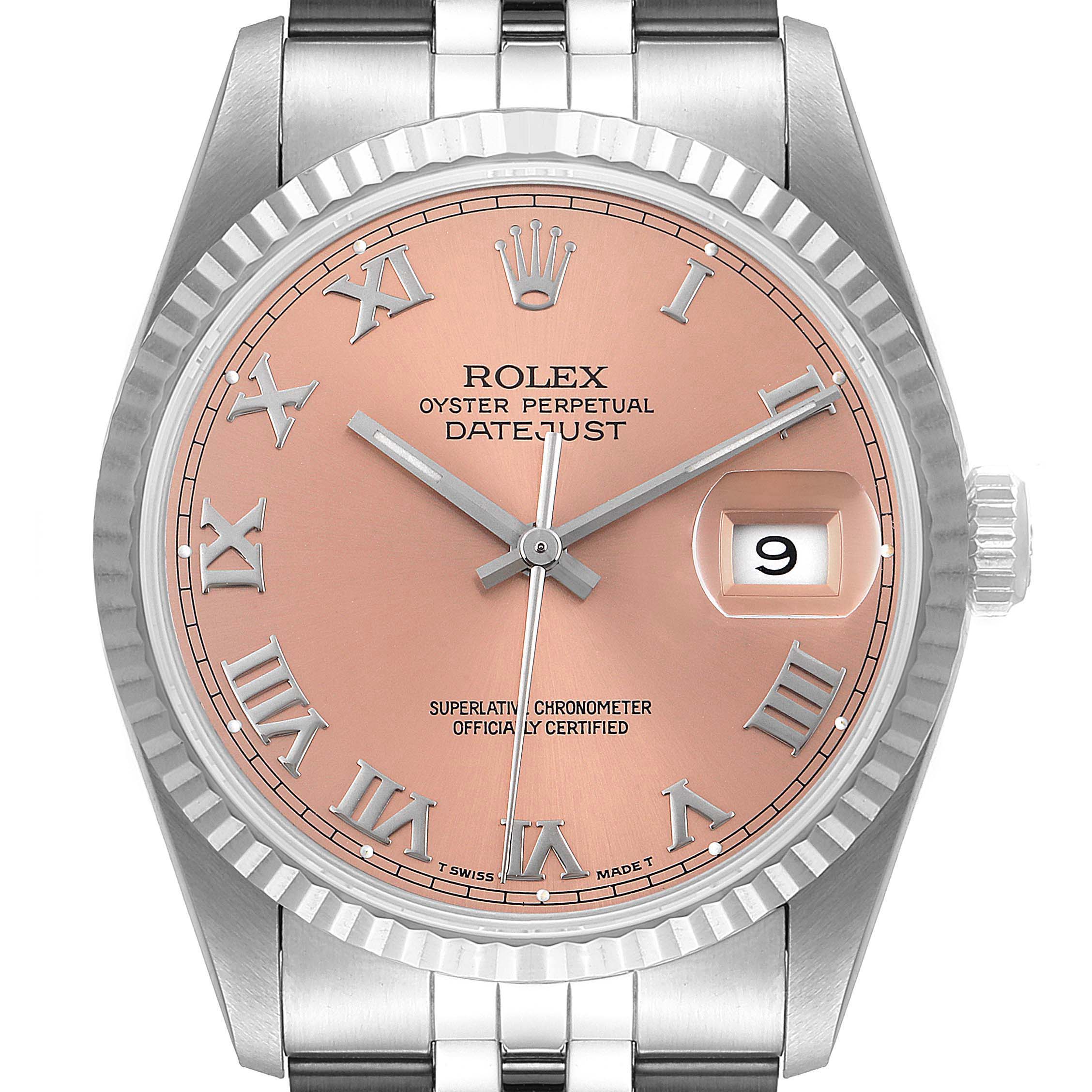 The image shows a close-up of the Rolex Datejust 16234 Men
s Stainless Steel Pink Dial 16234 Men
s Stainless Steel Pink Dial watch face, including the dial, hands, date window, and part of the bracelet.