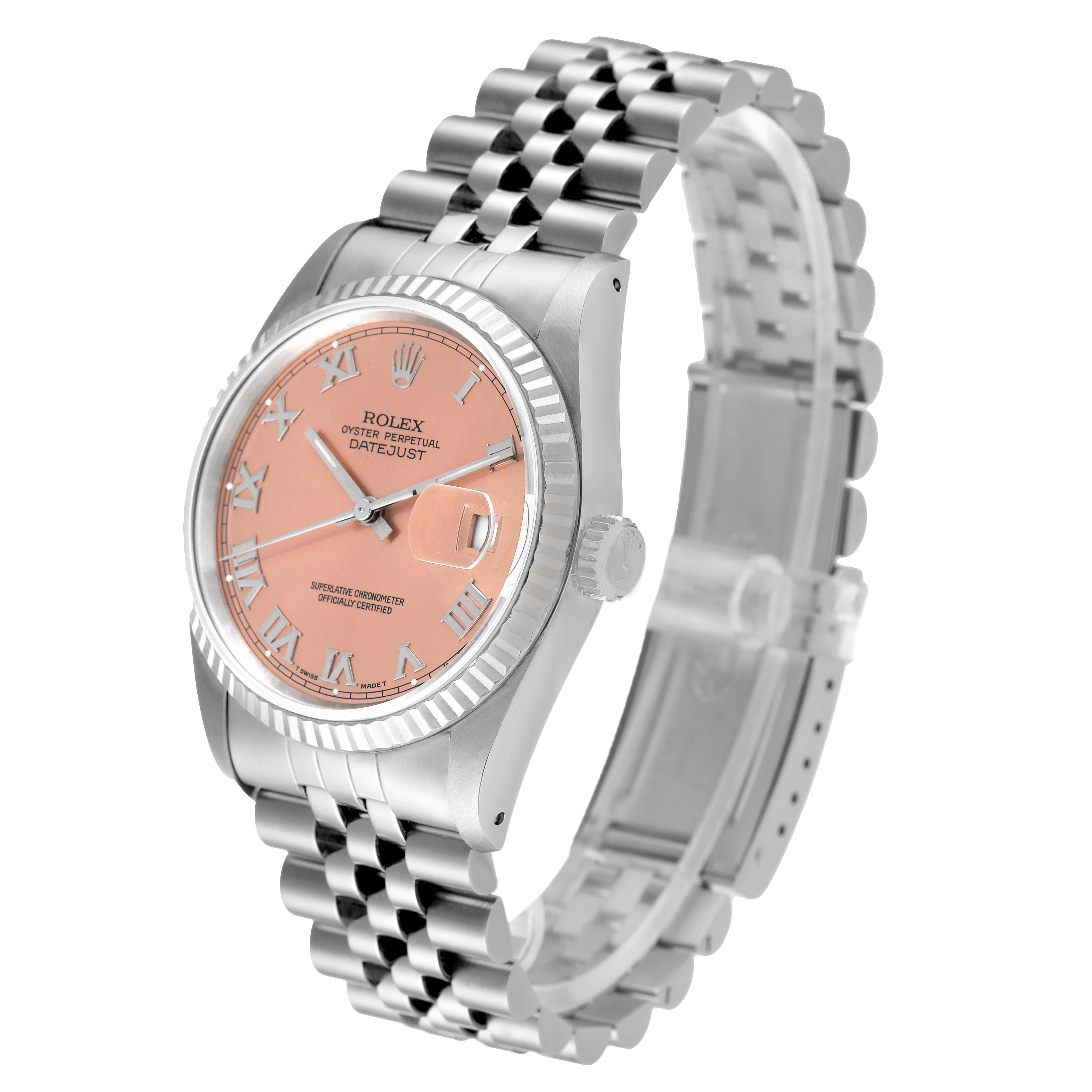 This image shows a Rolex Datejust 16234 Men
s Stainless Steel Pink Dial 16234 Men
s Stainless Steel Pink Dial watch angled from the upper left, highlighting the face, bracelet, and side crown.