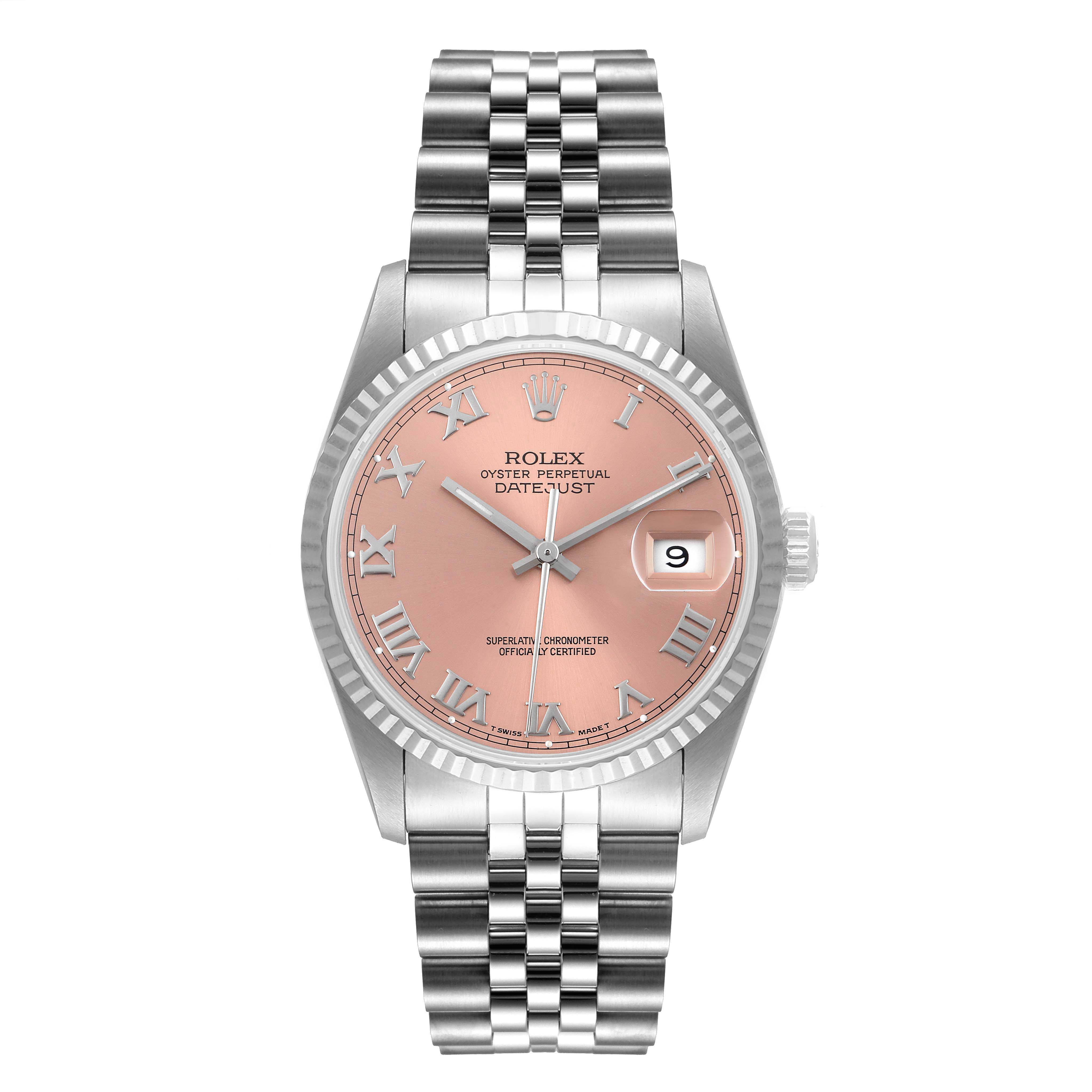 This image shows a frontal view of the Rolex Datejust 16234 Men
s Stainless Steel Pink Dial 16234 Men
s Stainless Steel Pink Dial watch, featuring a pink dial, Roman numeral markers, and a Jubilee bracelet.