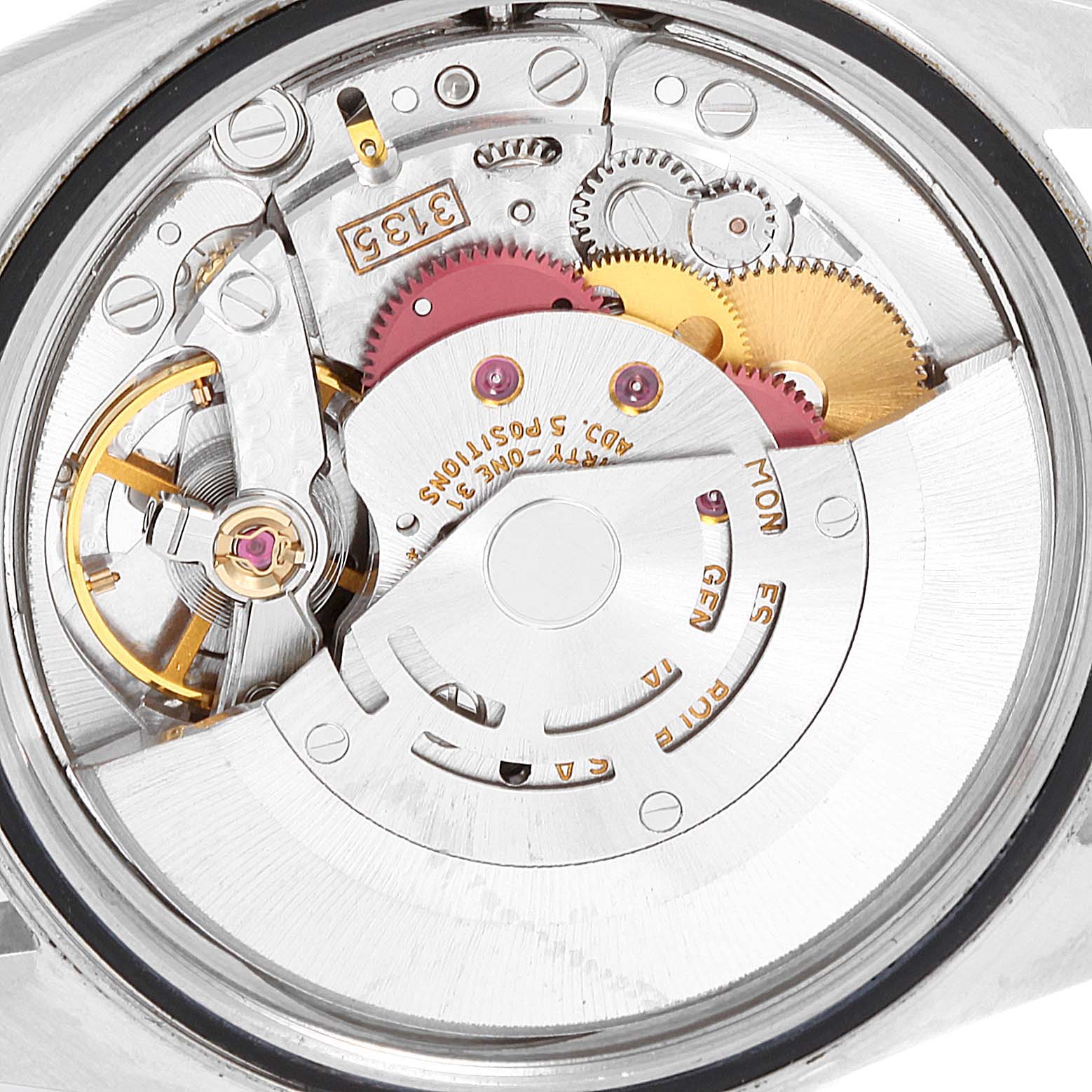 This image shows the movement mechanism of a Rolex Datejust 16234 Men
s Stainless Steel Pink Dial 16234 Men
s Stainless Steel Pink Dial watch from a back or internal angle.