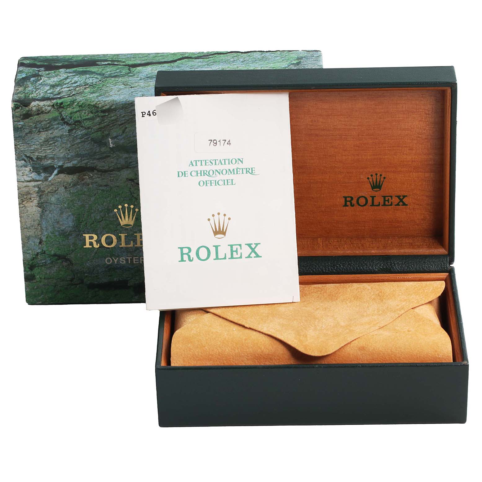 The image shows the packaging, box, and certification papers for a Datejust model by Rolex, viewed from the front.