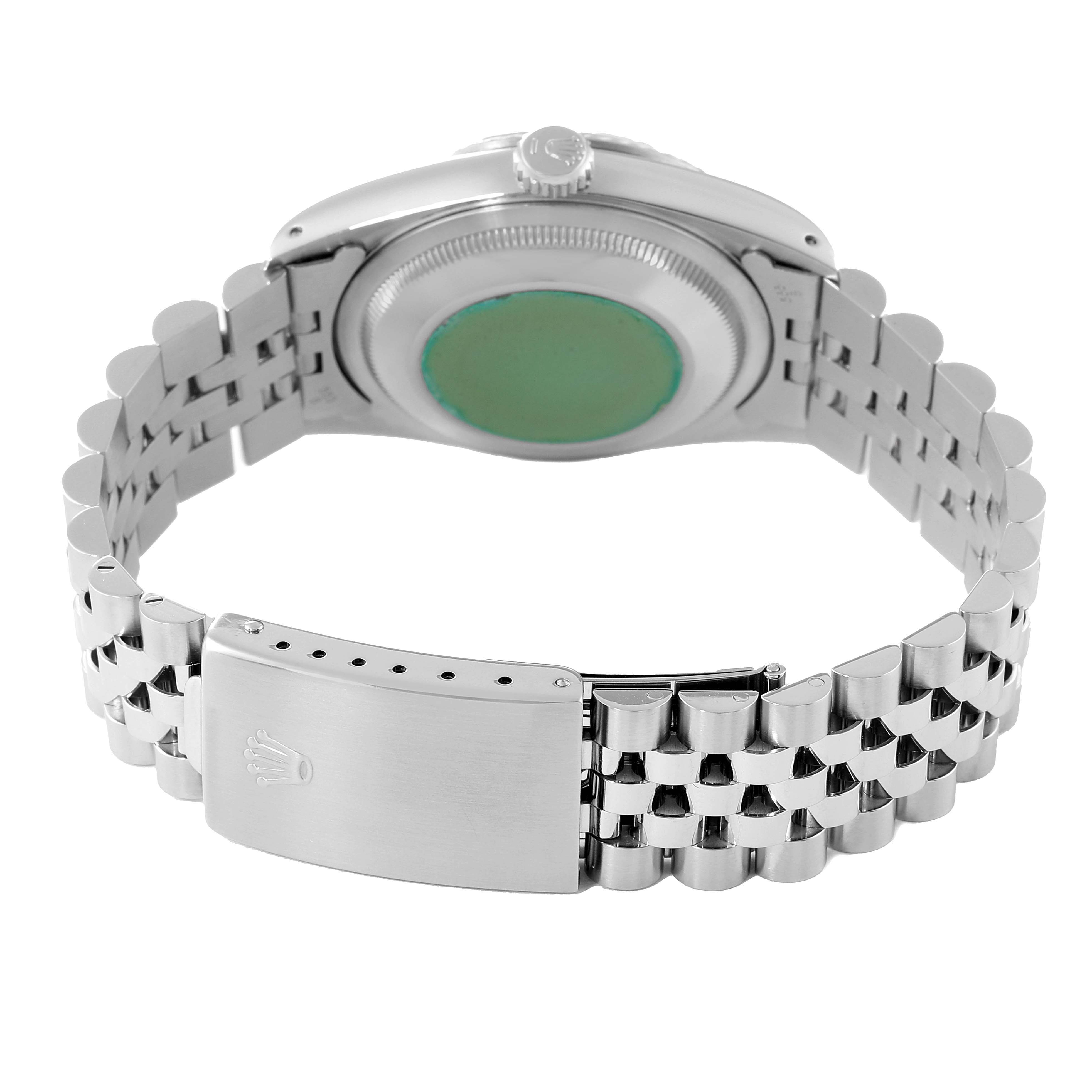 This image shows the back of a Rolex Datejust 16234 Men
s Stainless Steel Pink Dial 16234 Men
s Stainless Steel Pink Dial watch, focusing on the case back, jubilee bracelet, and clasp.