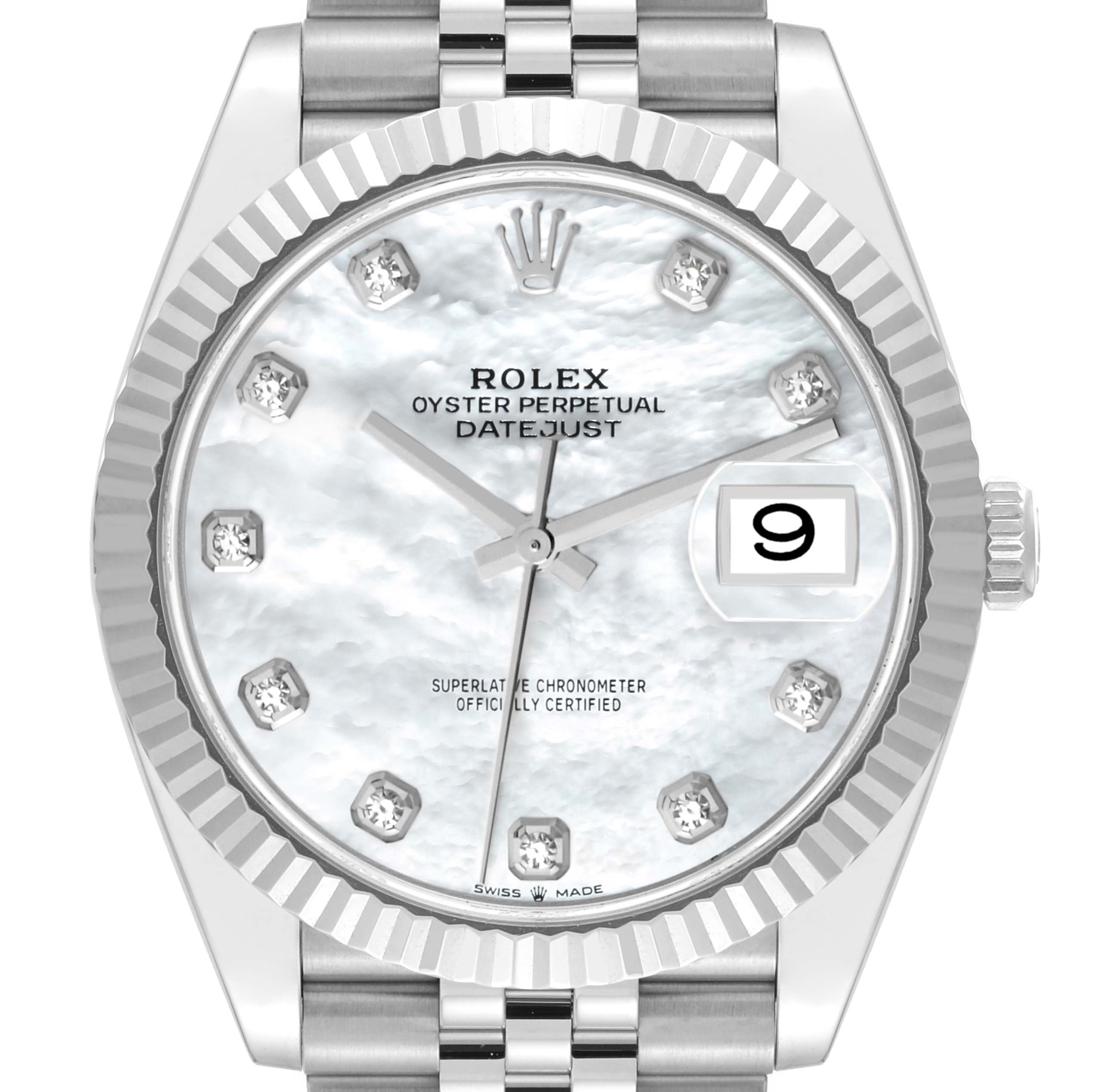 This image shows a frontal view of the Rolex Datejust 41 126334NG Men
s Stainless Steel Mother of Pearl Dial 126334NG Men
s Stainless Steel Mother of Pearl Dial, highlighting its face, bezel, crown, and part of the bracelet.