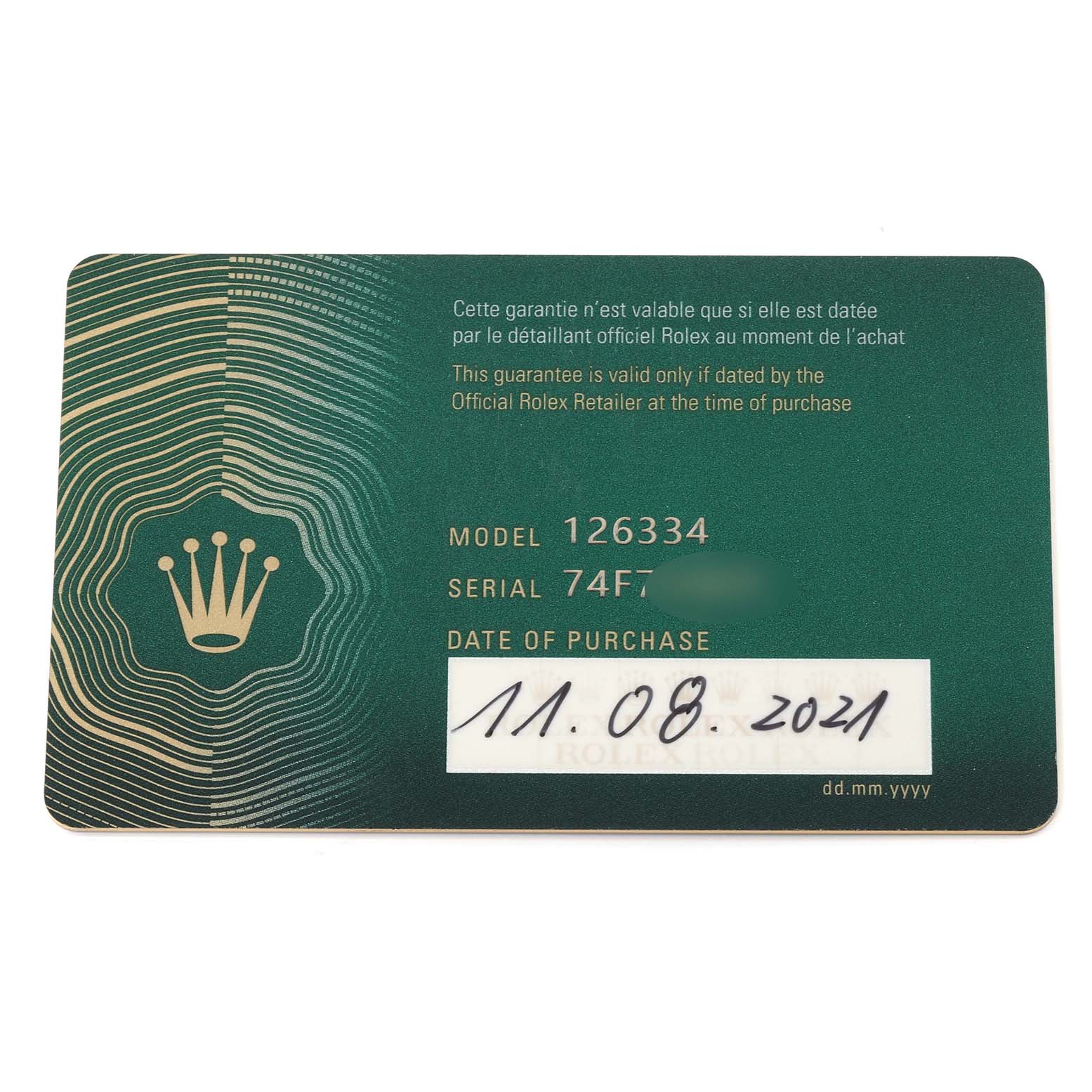 This image shows the warranty card for the Rolex Datejust 41 126334NG Men
s Stainless Steel Mother of Pearl Dial 126334NG Men
s Stainless Steel Mother of Pearl Dial model 126334, including model and serial number details.