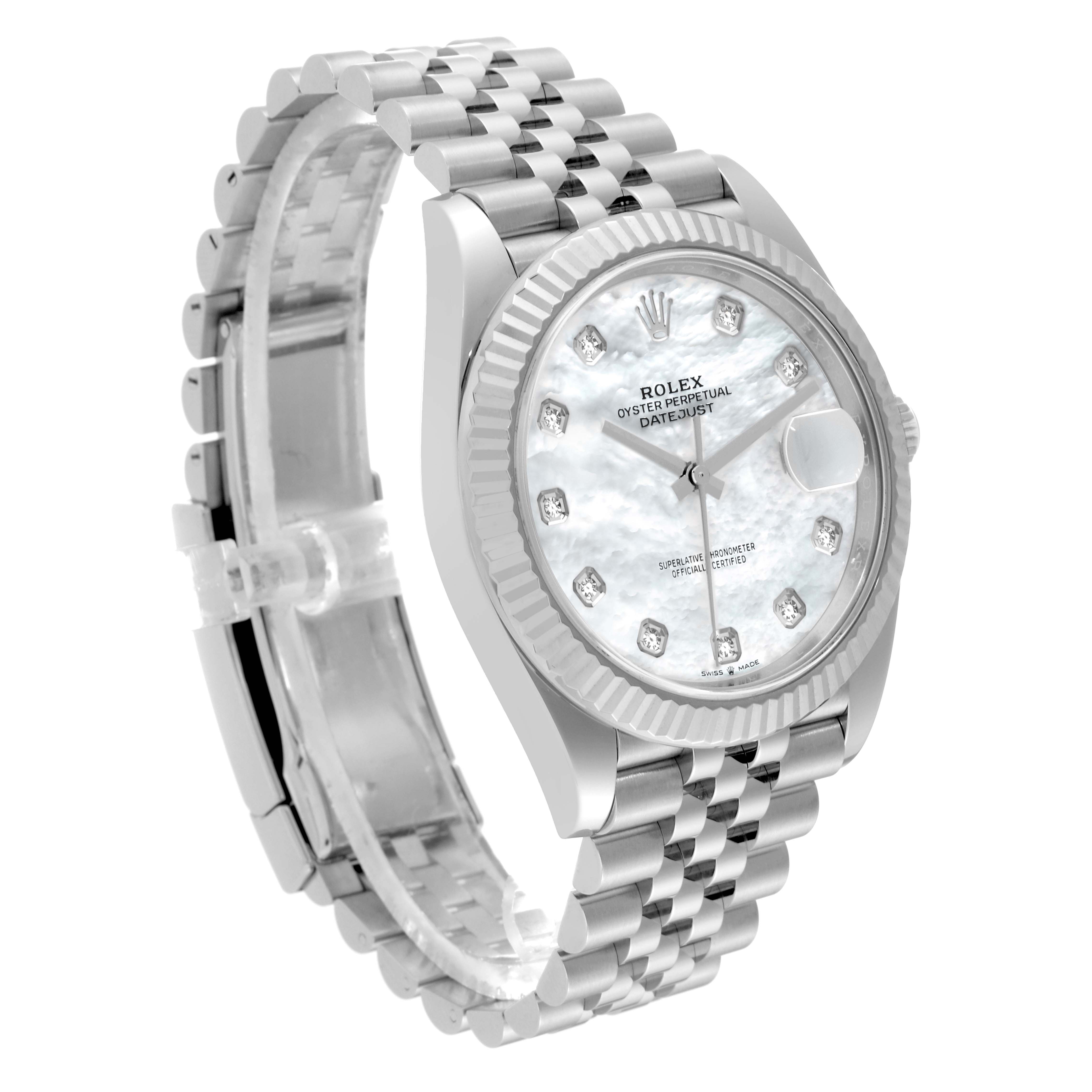 The image shows a Rolex Datejust 41 126334NG Men
s Stainless Steel Mother of Pearl Dial 126334NG Men
s Stainless Steel Mother of Pearl Dial watch from a three-quarter angle, highlighting its bracelet, fluted bezel, and dial.