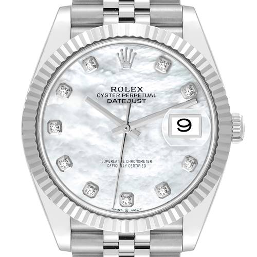 Photo of Rolex Datejust 41 Steel White Gold MOP Diamond Dial Mens Watch 126334 Card