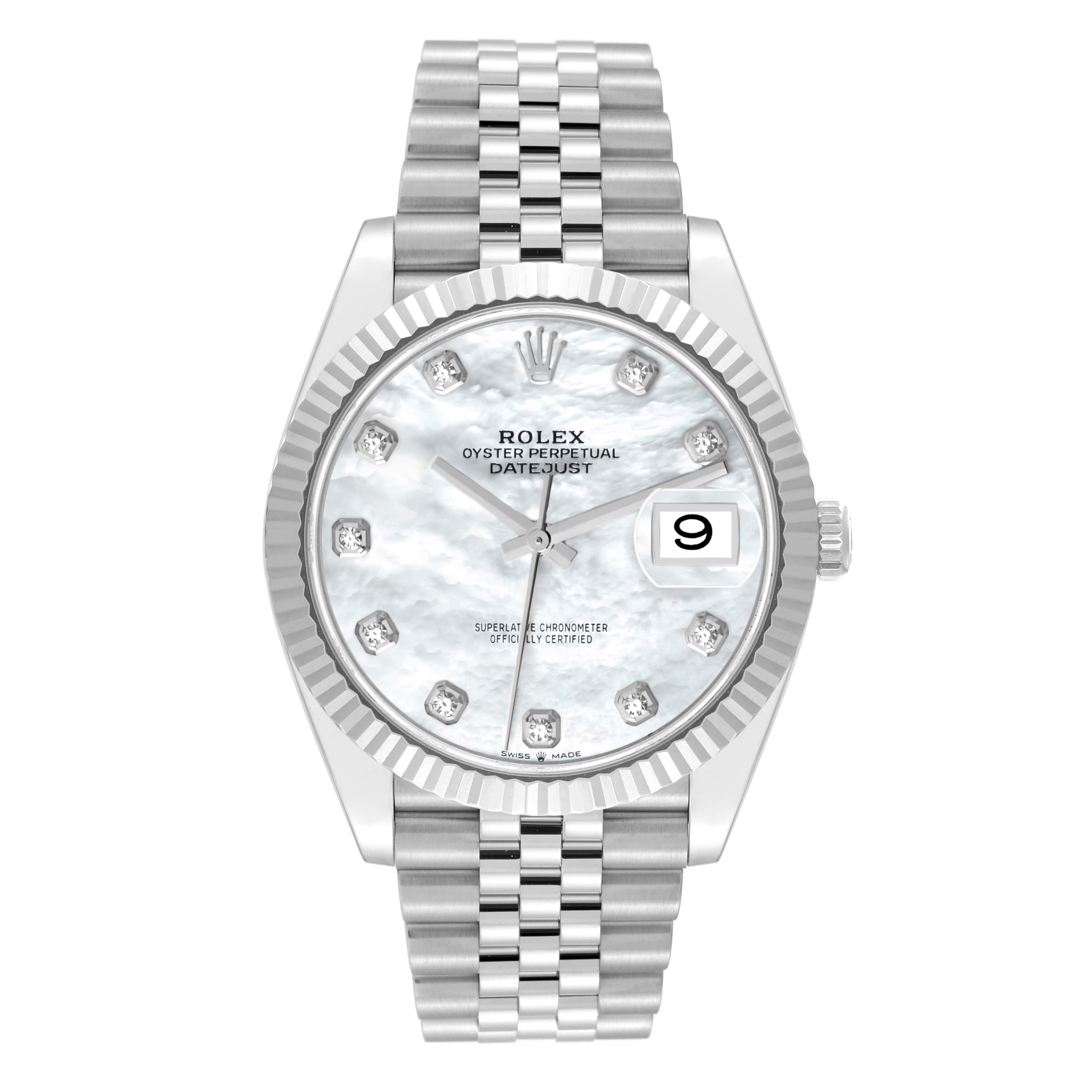 The Rolex Datejust 41 126334NG Men
s Stainless Steel Mother of Pearl Dial 126334NG Men
s Stainless Steel Mother of Pearl Dial watch is shown from the front, displaying its dial, fluted bezel, date window, and Jubilee bracelet.