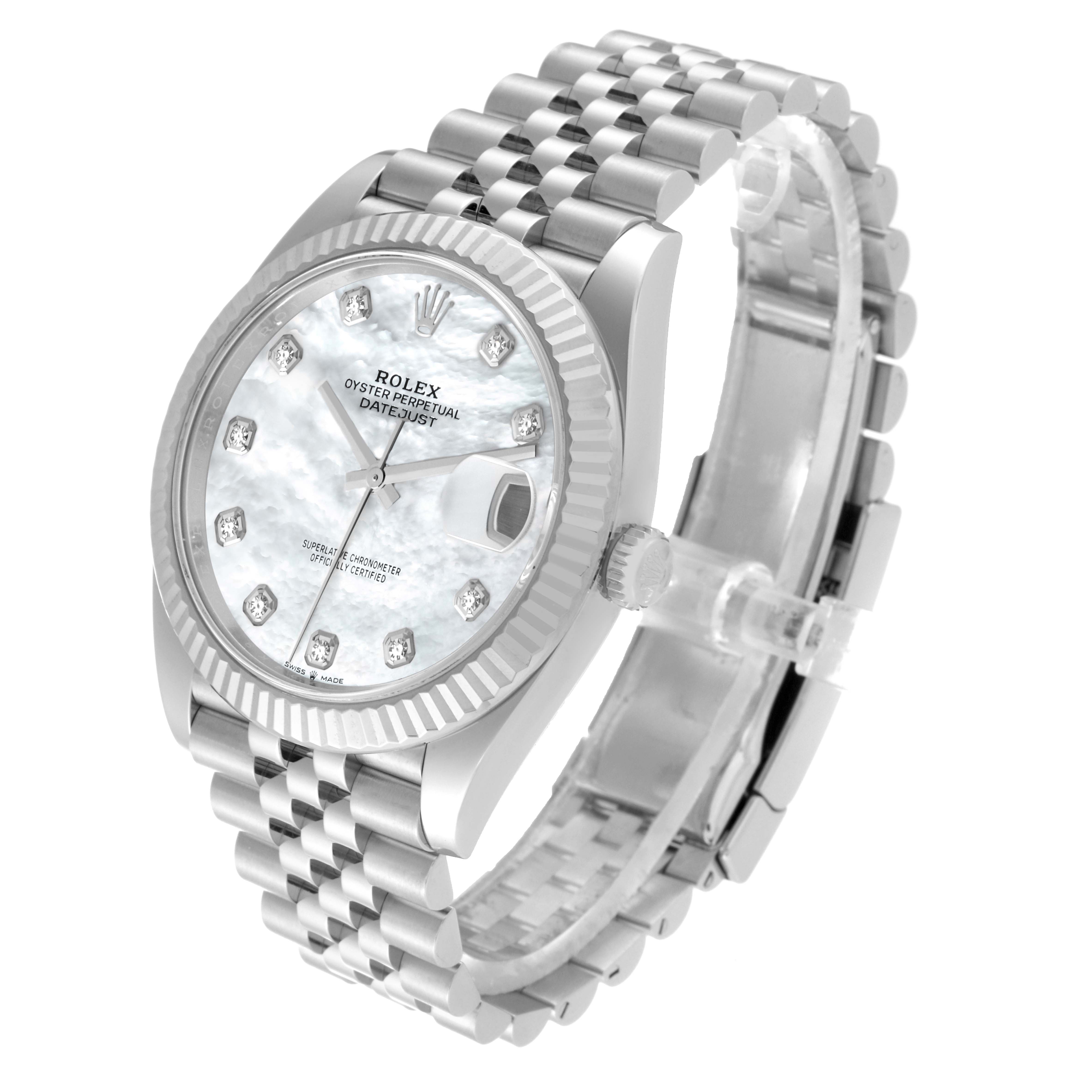 The image shows a Rolex Datejust 41 126334NG Men
s Stainless Steel Mother of Pearl Dial 126334NG Men
s Stainless Steel Mother of Pearl Dial watch at a three-quarter angle, highlighting the face, bezel, and bracelet.