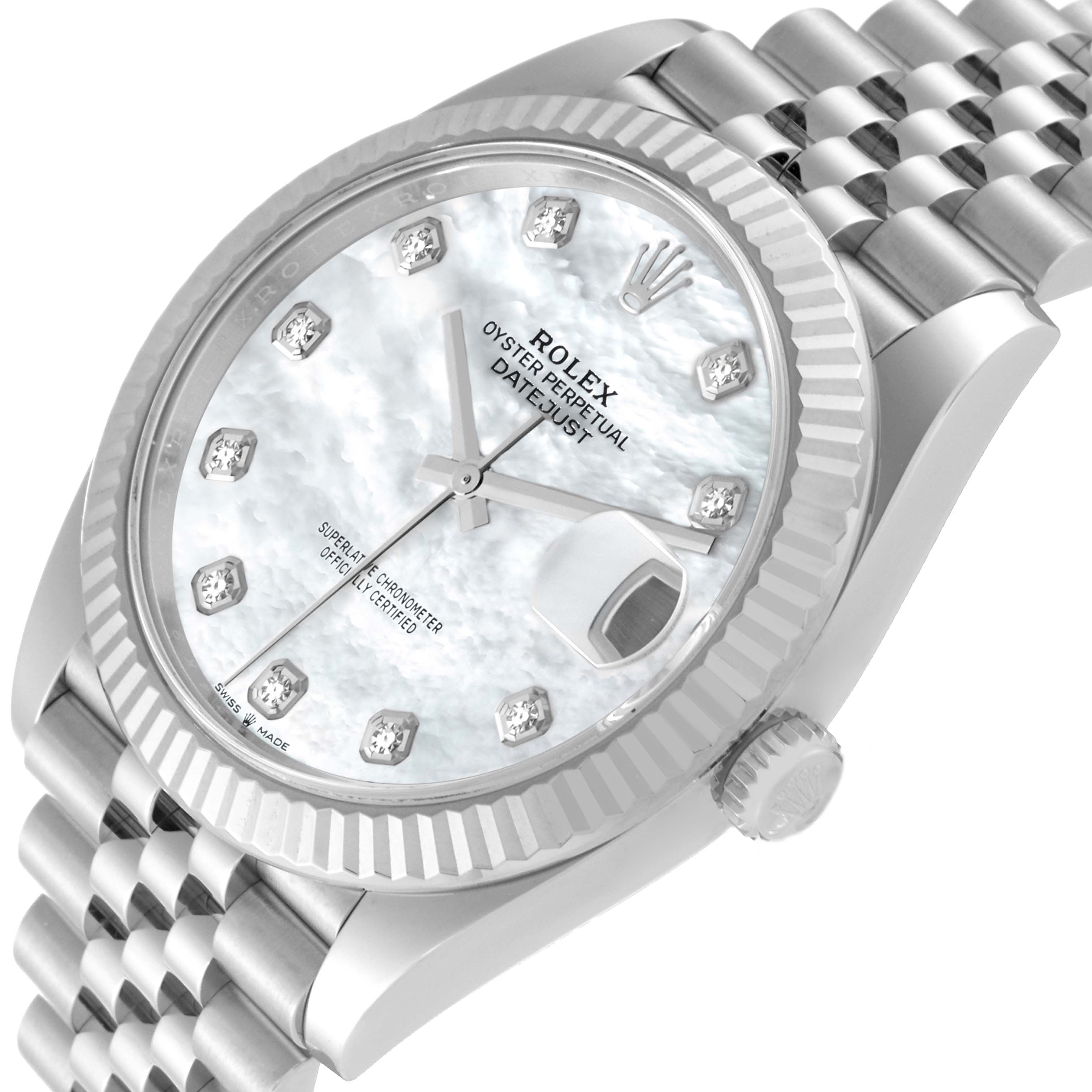 This Rolex Datejust 41 126334NG Men
s Stainless Steel Mother of Pearl Dial 126334NG Men
s Stainless Steel Mother of Pearl Dial watch is shown at a slight angle, highlighting its dial, bezel, crown, and part of the bracelet.