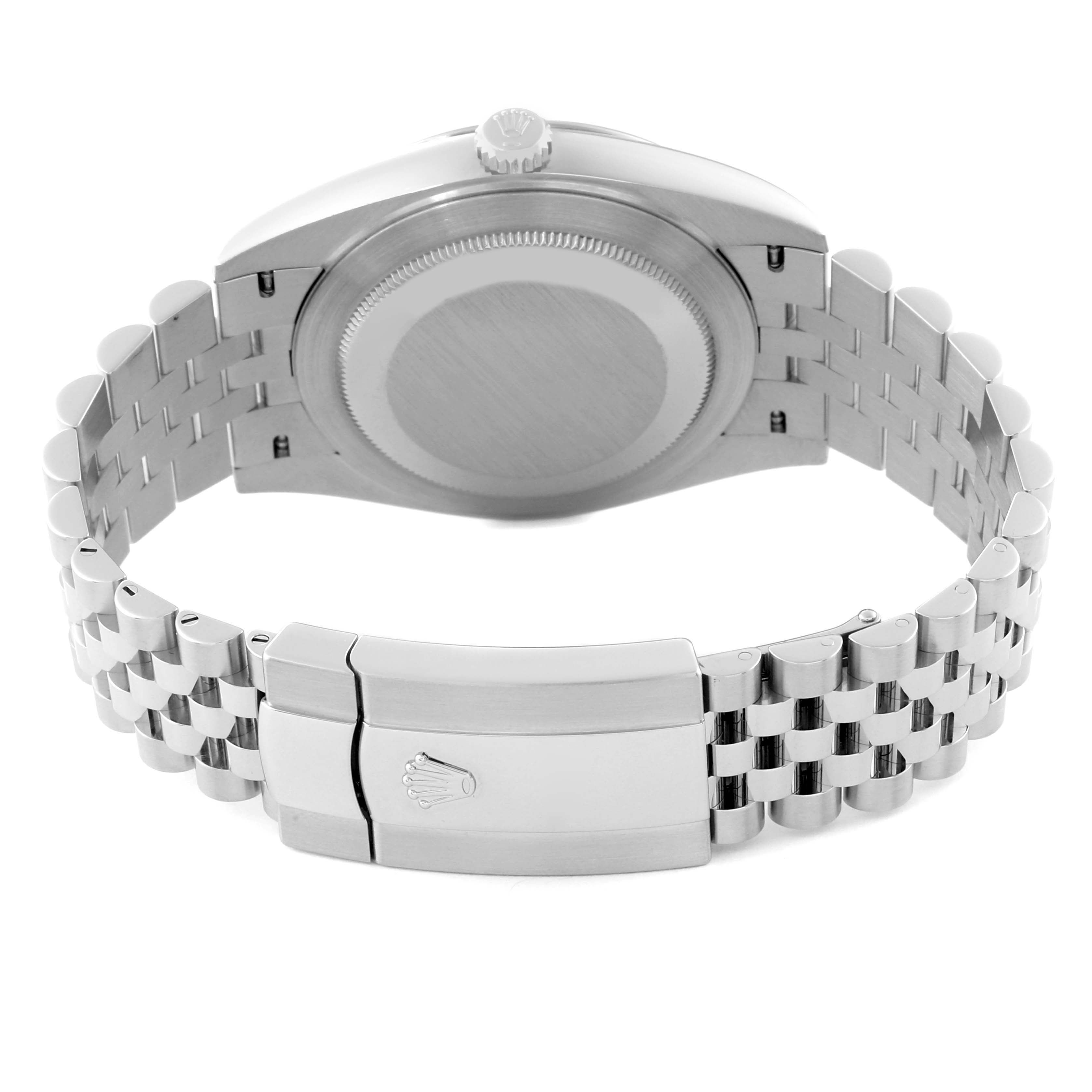 The image shows the back side of a Rolex Datejust 41 126334NG Men
s Stainless Steel Mother of Pearl Dial 126334NG Men
s Stainless Steel Mother of Pearl Dial watch, featuring its case back, crown, and bracelet with clasp.