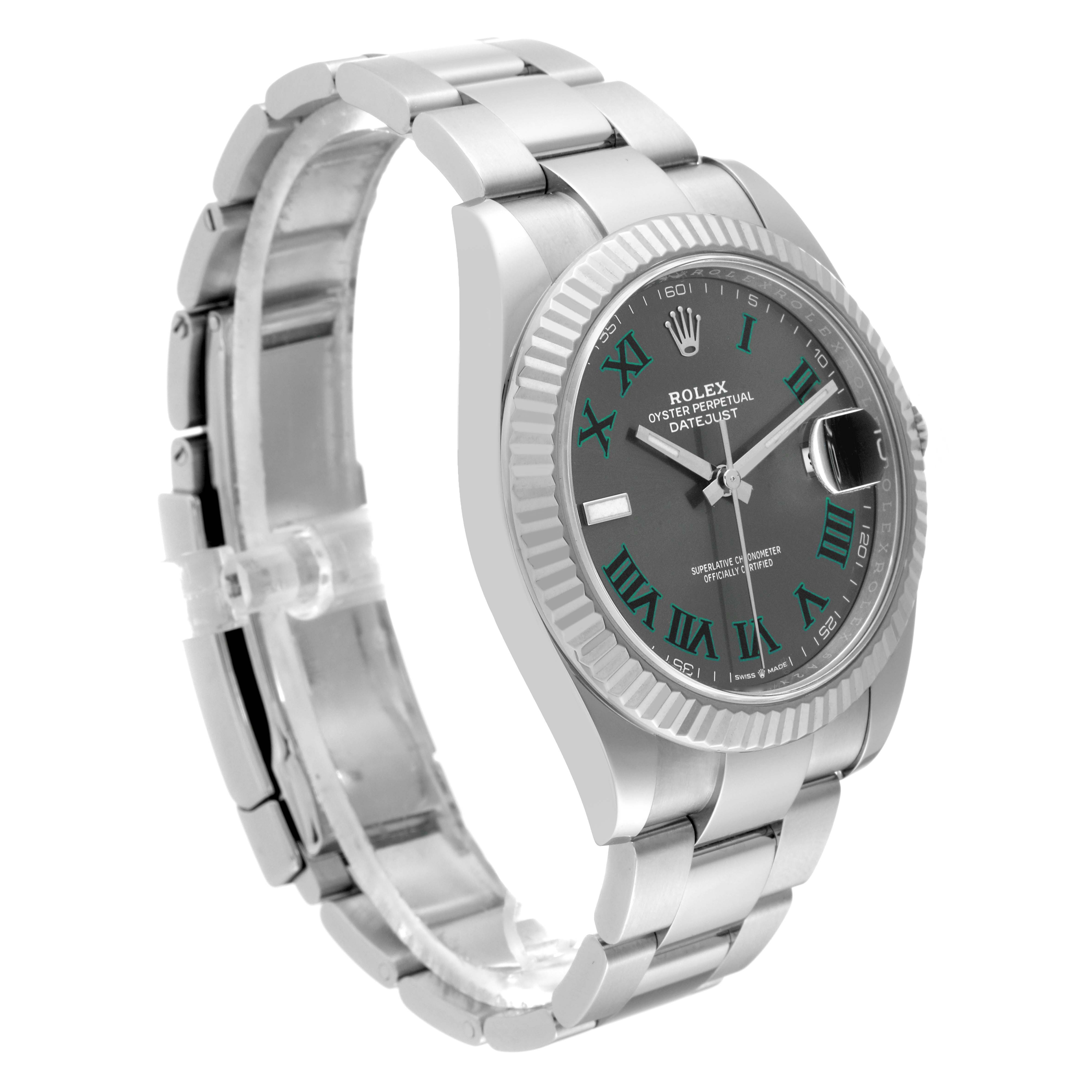 The image shows a Rolex Datejust 41 126334 Men
s Stainless Steel Grey Dial 126334 Men
s Stainless Steel Grey Dial watch from a side angle, displaying its dial, bracelet, and bezel.