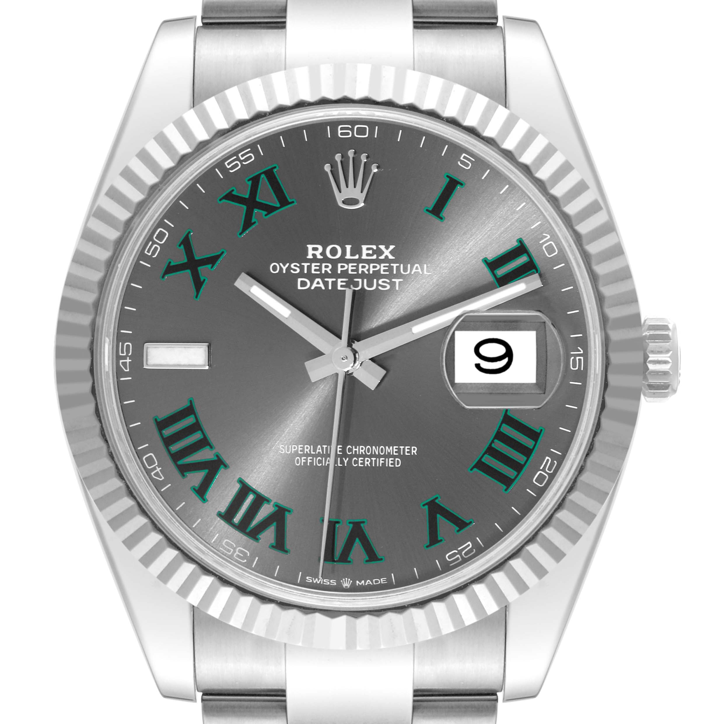 The image shows a frontal view of the Rolex Datejust 41 126334 Men
s Stainless Steel Grey Dial 126334 Men
s Stainless Steel Grey Dial watch, highlighting its face, bezel, and part of the bracelet.